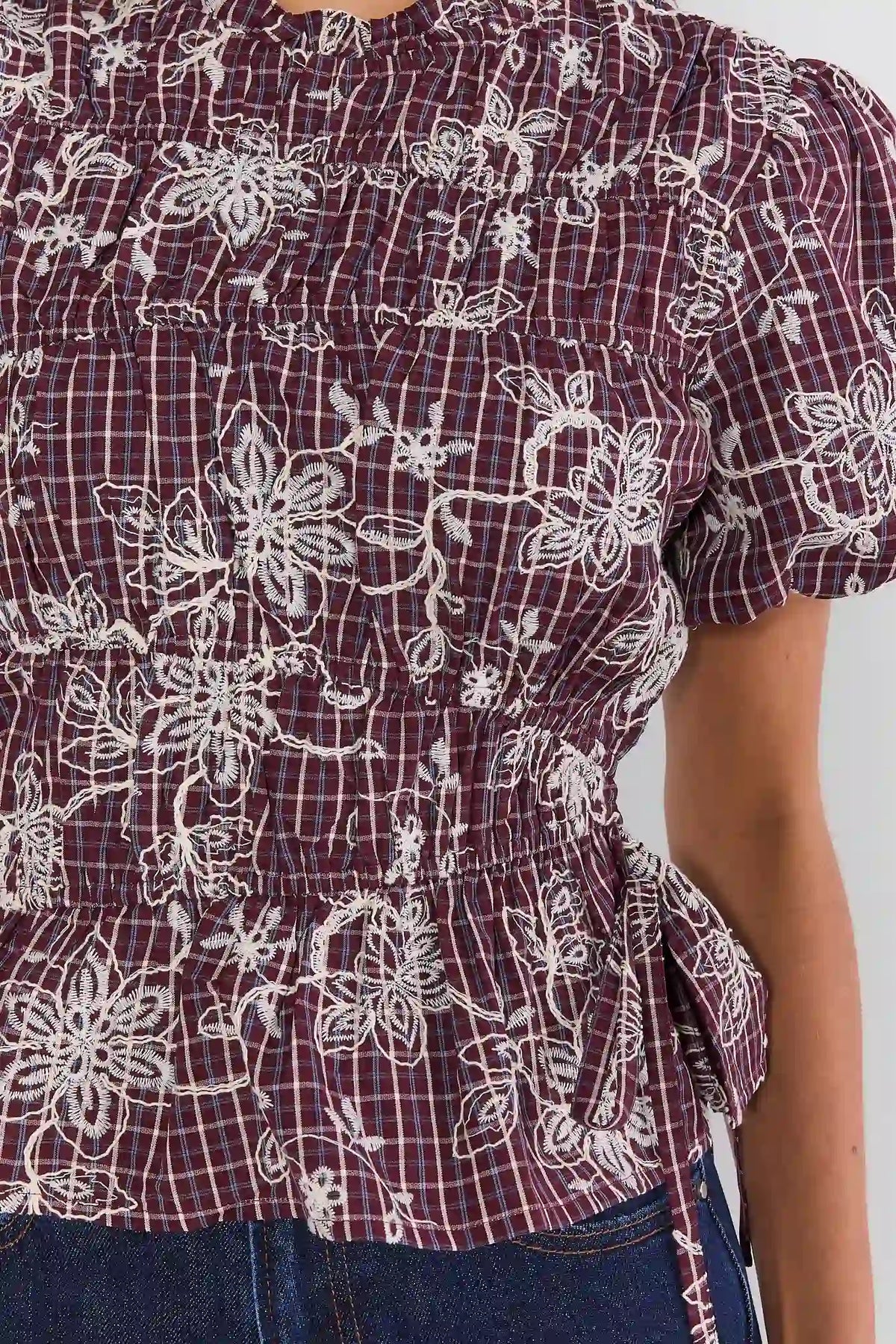Maroon Floral Smocked Peplum Top - Close-Up Detail, Smocking and Peplum Hem | Avara