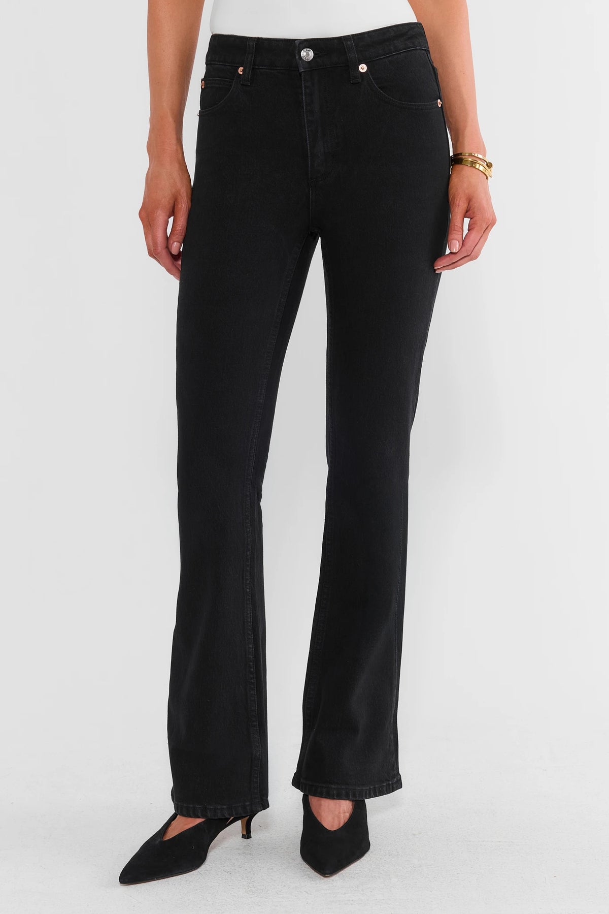 Black Denim Bootcut Jeans - Front View, On Model | Avara
