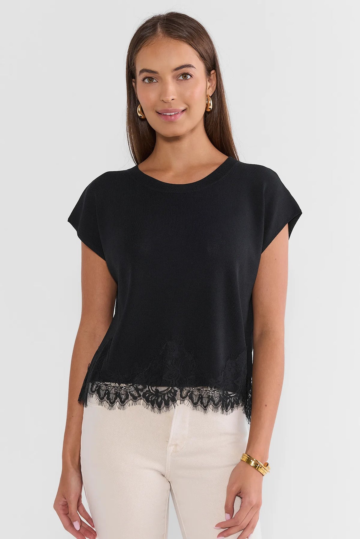 Black Lace Trim Knit Top - Front View, Round Neckline & Lace Hem Detail | Avara