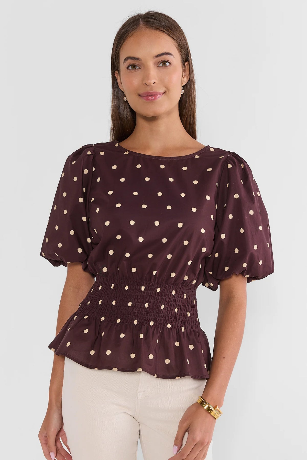 Brown Polka Dot Smocked Top - Front View, Puff Sleeve & Smocked Waist | Avara