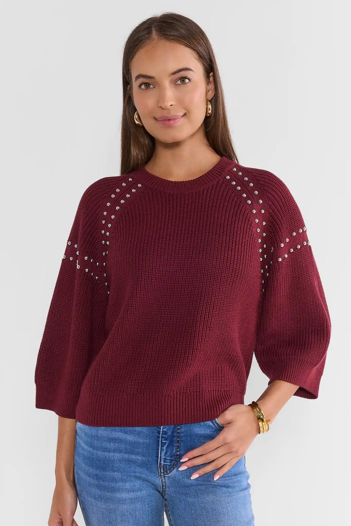 Burgundy Ribbed Studded Sweater - Front View, On Model | Avara