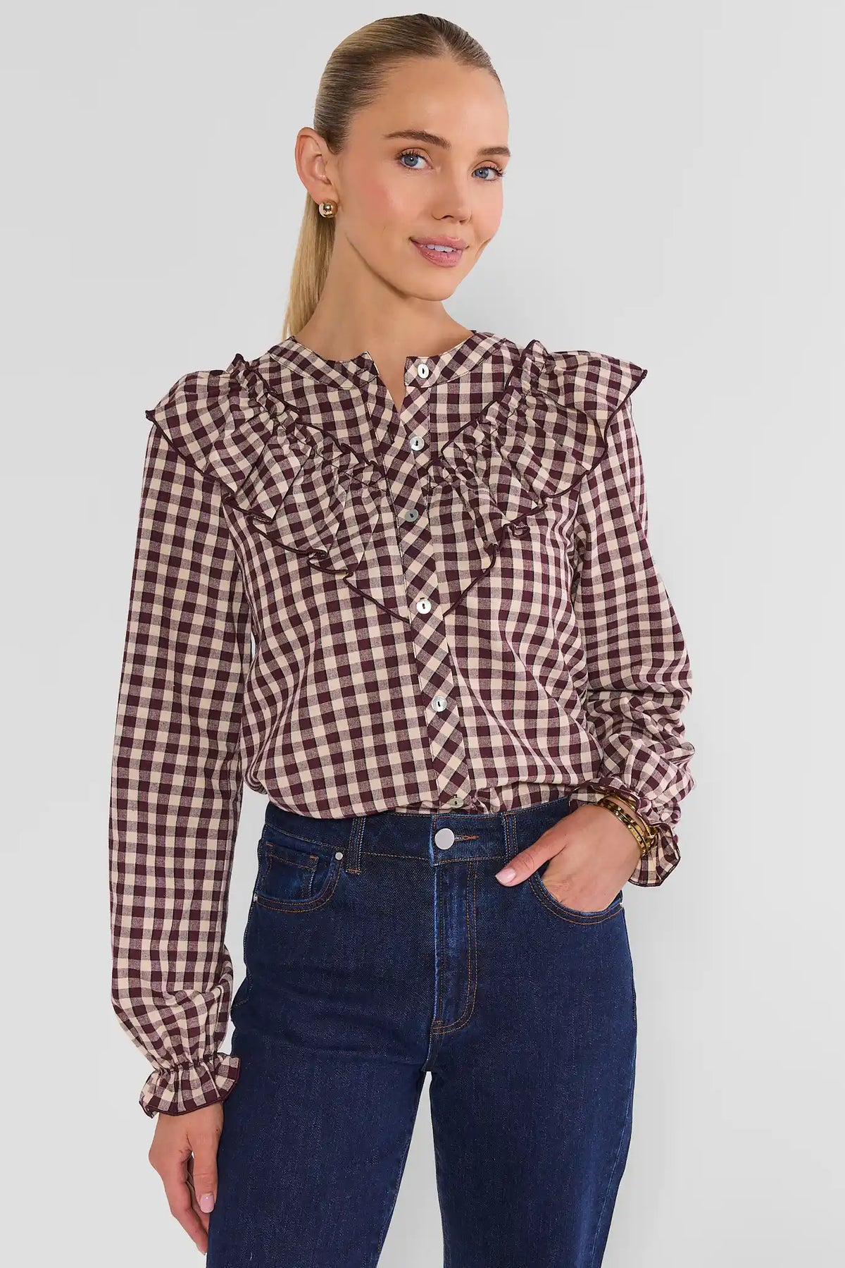 Brown Gingham Ruffle Top by THML