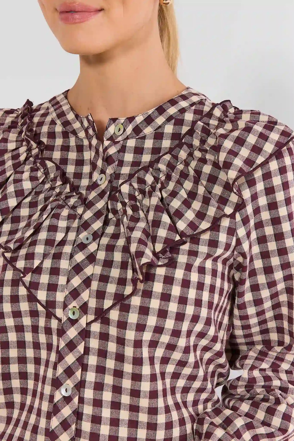 Brown Gingham Ruffle Top by THML