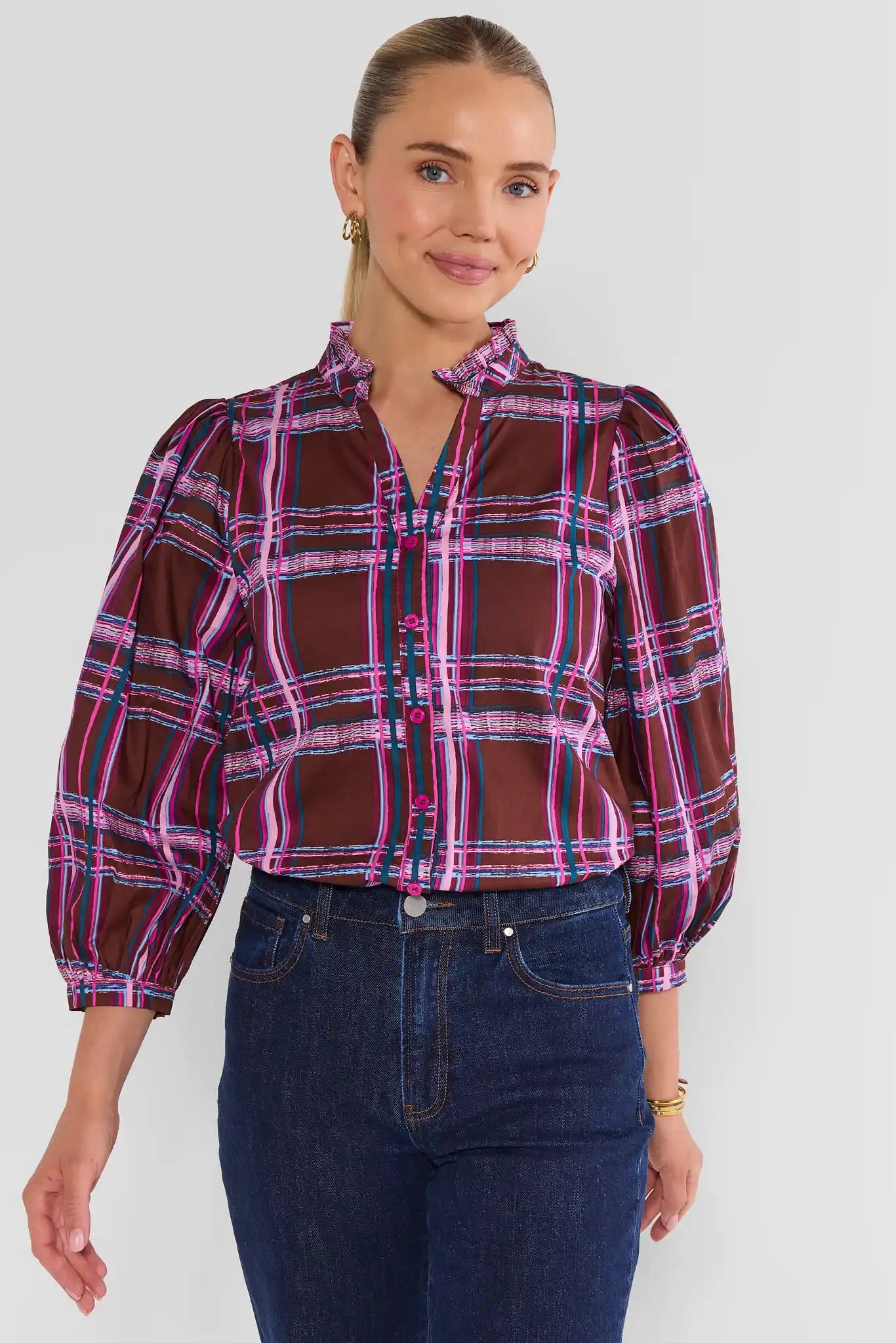 Burgundy Plaid Printed Button Up Top - Front View On Model | Avara