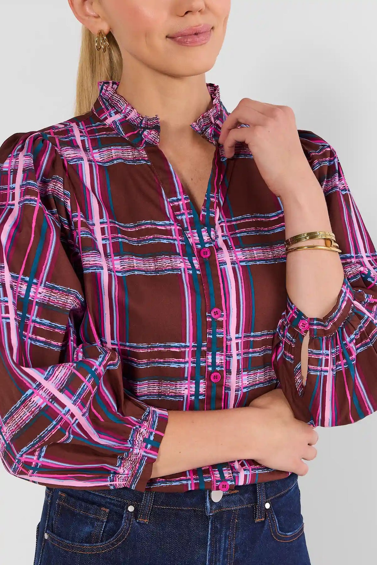 Burgundy Plaid Button Up Top - Ruffle Collar and Cuff Detail Close-Up | Avara