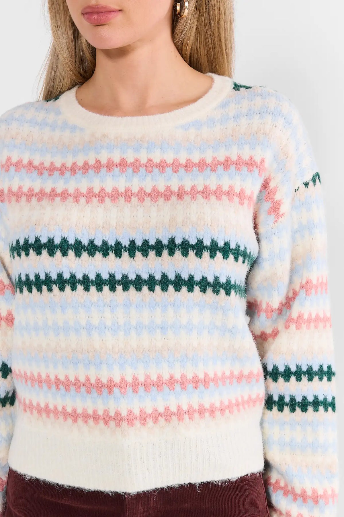 Ivory Multi Striped Knit Sweater - Close-Up Fabric Detail, Pink Blue Green Stripes | Avara