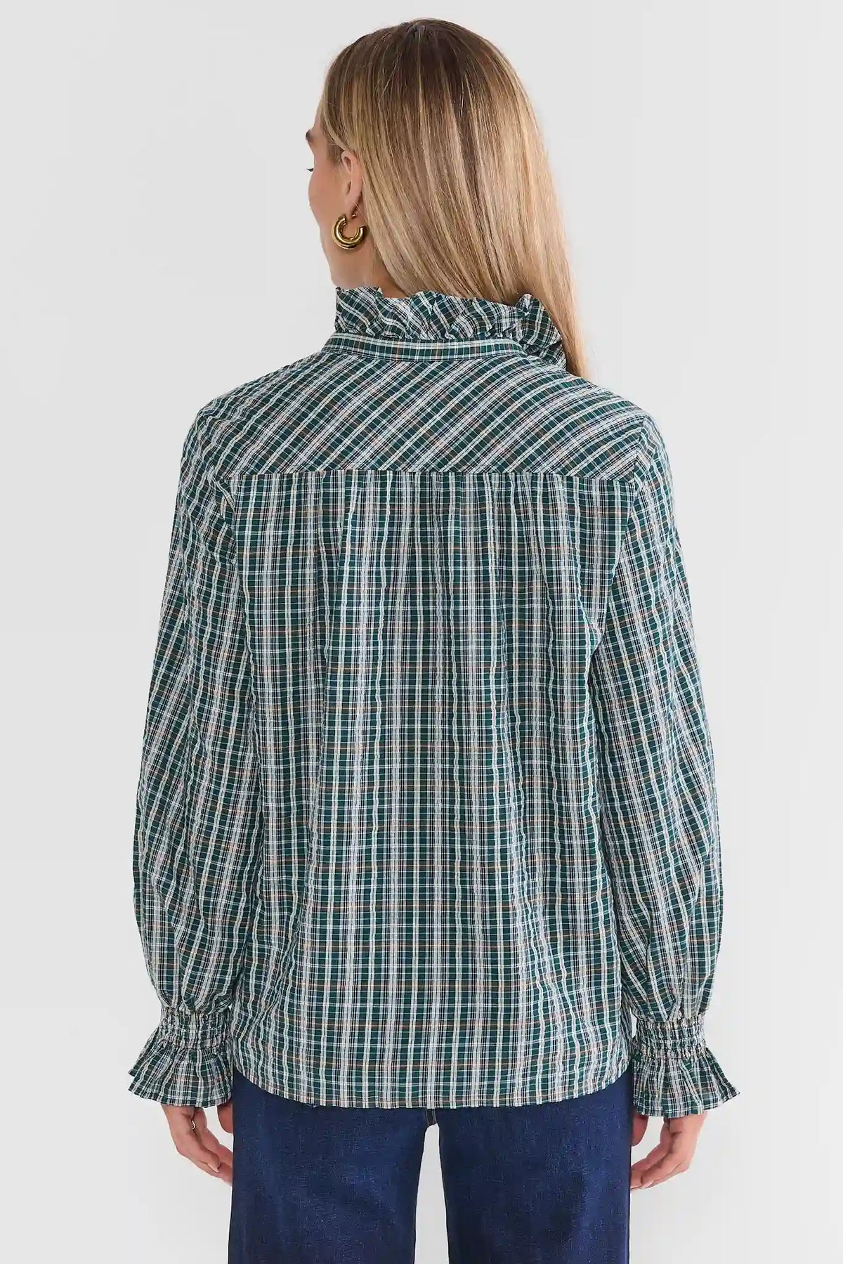 Green Plaid Ruffle Top - Back View Showing Ruffle Collar & Smocked Cuffs | Avara