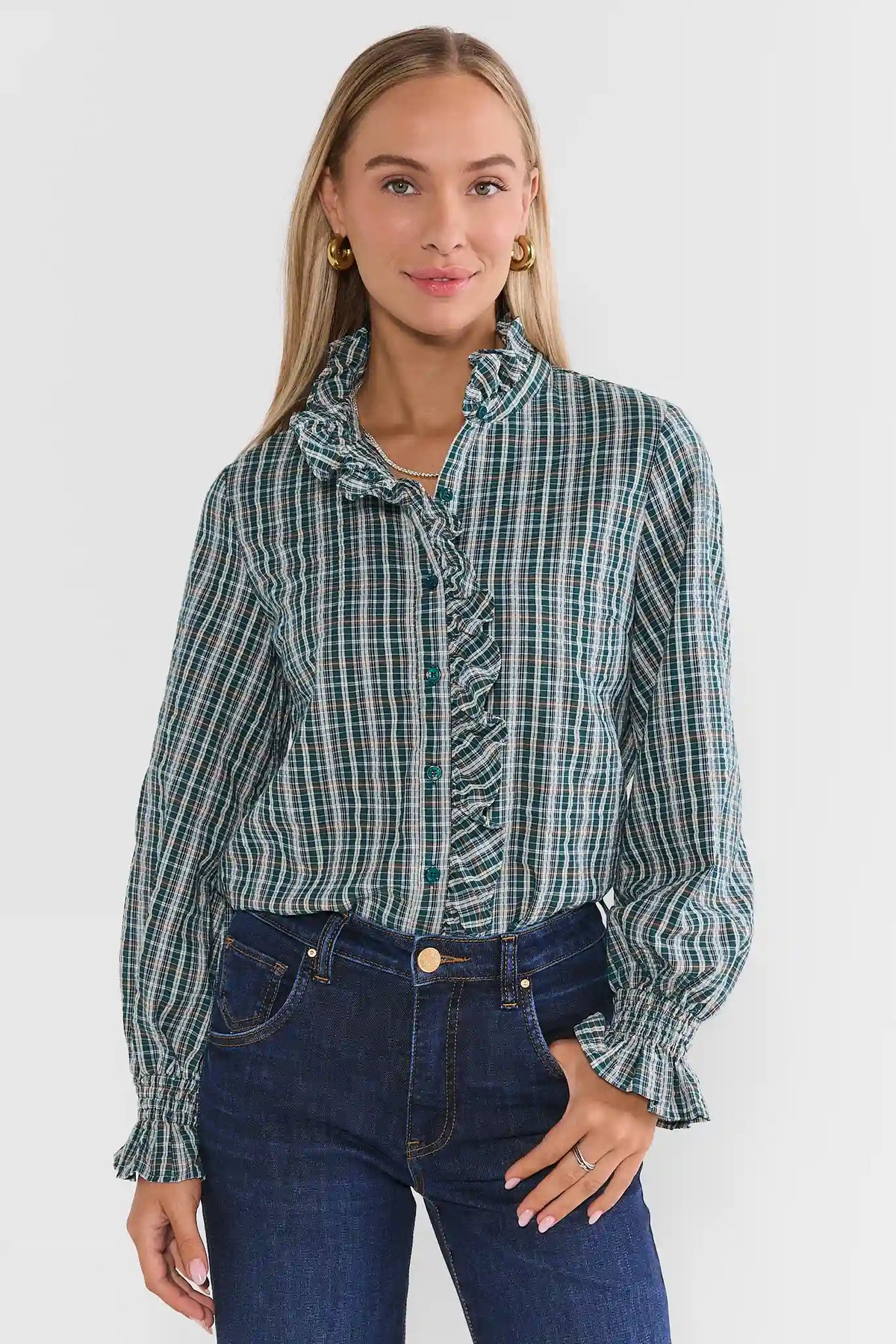 Green Plaid Ruffle Top - Front View, Long Sleeve with Ruffle Collar & Button Front | Avara