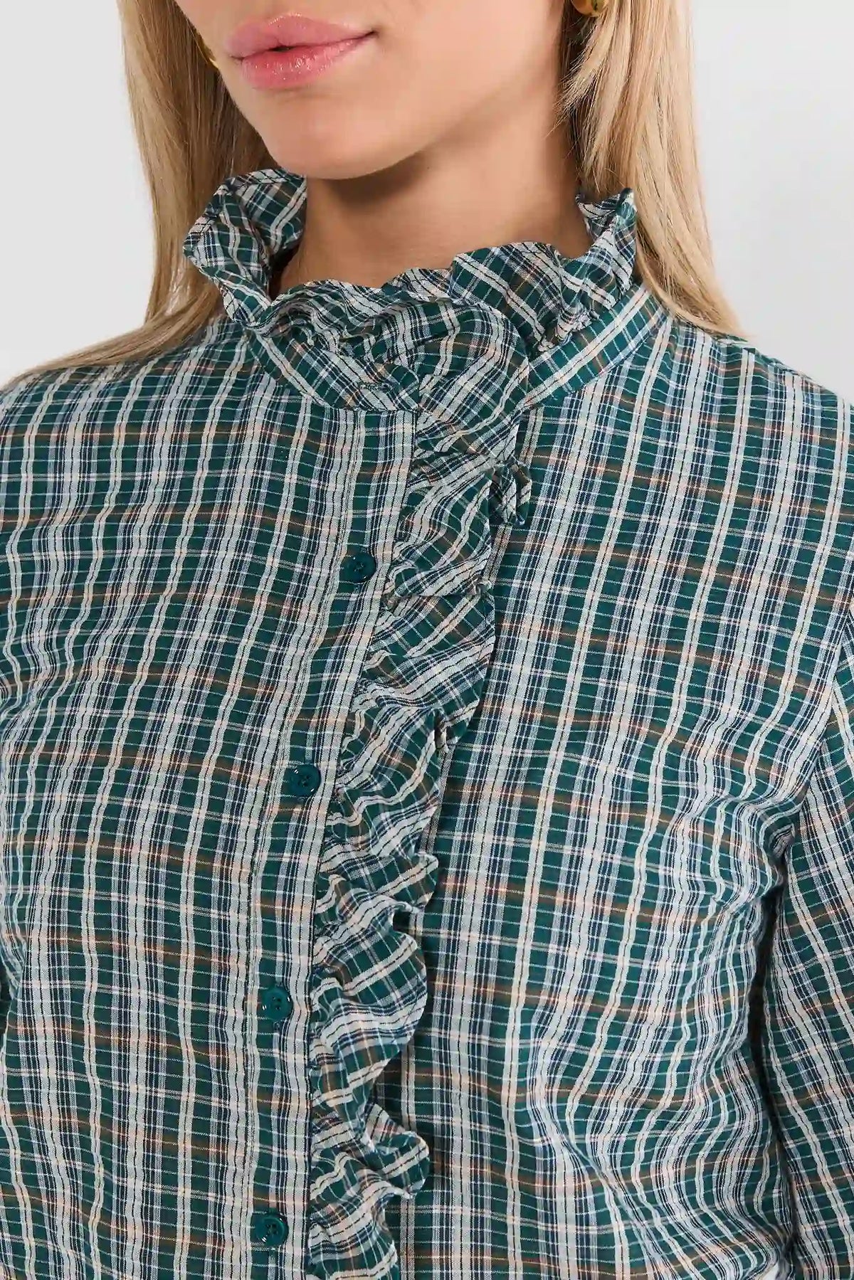 Green Plaid Ruffle Top - Ruffle Neckline & Button Placket Close-Up Detail | Avara