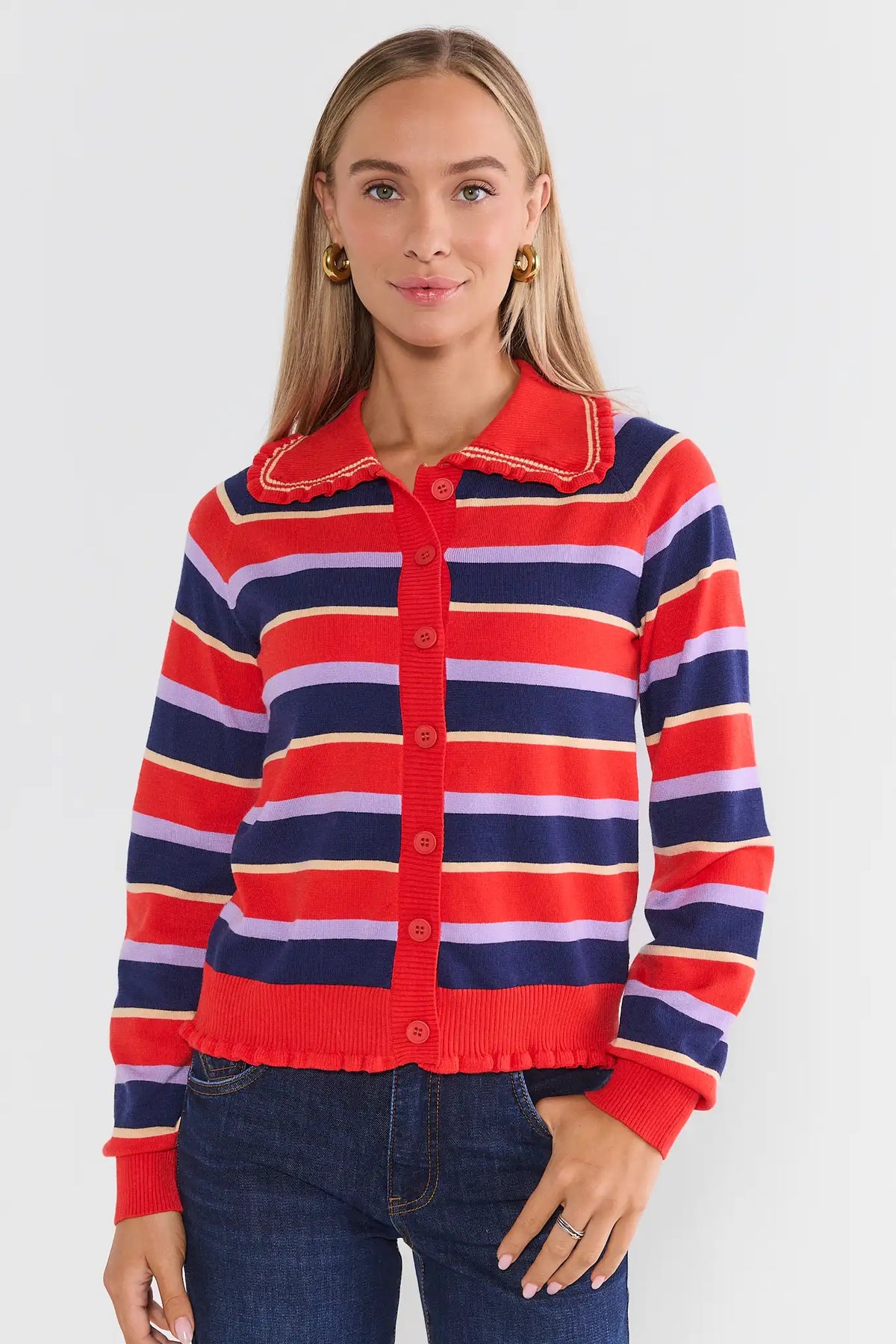 Red Striped Ruffle Trim Cardigan