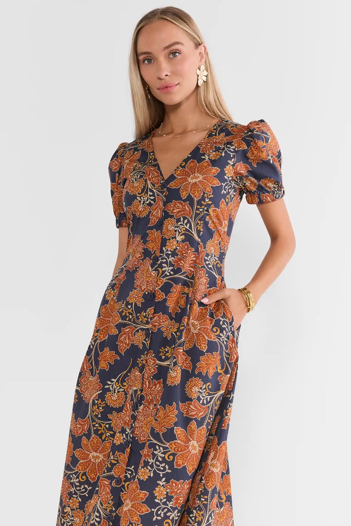 Navy Floral Print Cotton Midi Dress - Three-Quarter Front View On Model | Avara