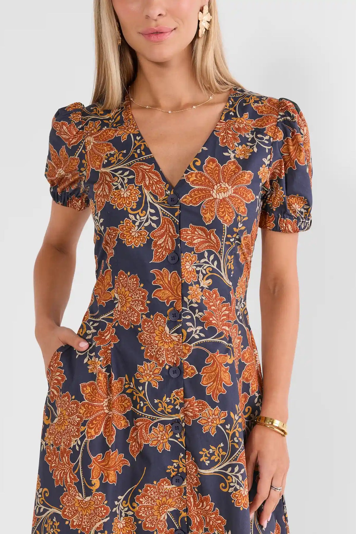 Navy Floral Button Up Midi Dress - V-Neck & Puff Sleeve Close-Up Detail | Avara