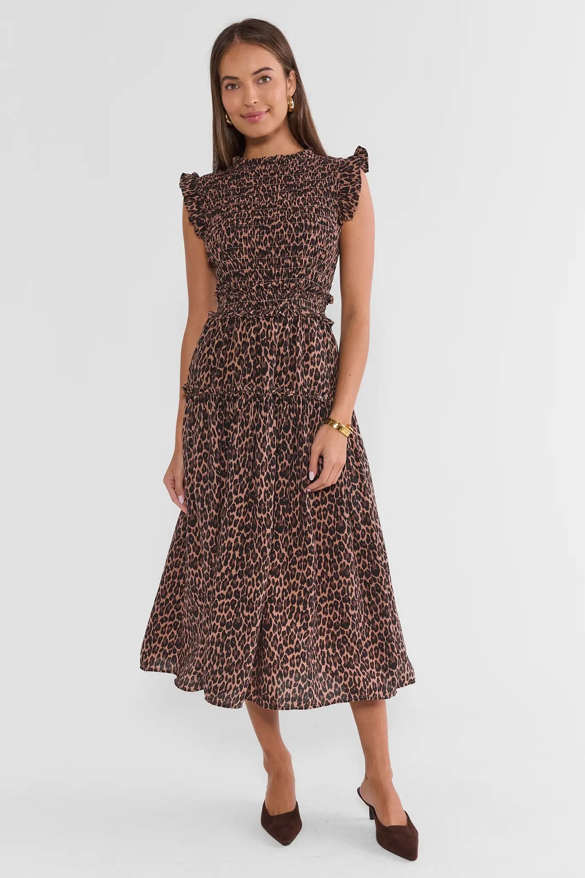 Brown Leopard Print Sleeveless Smocked Midi Dress - Full Front View, On Model | Avara