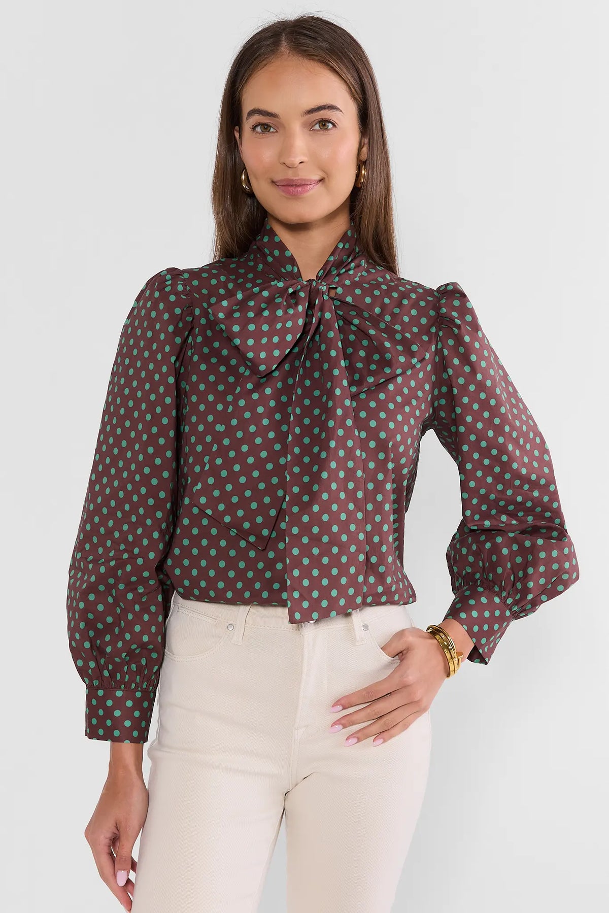 Brown Polka Dot Tie Neck Top