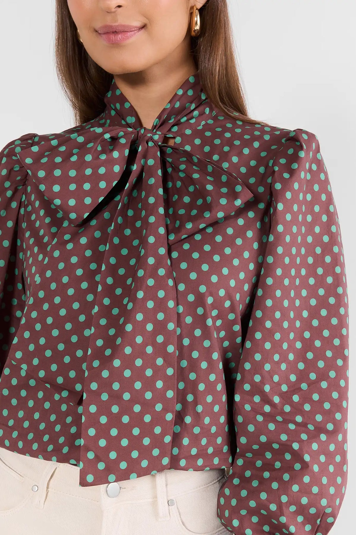 Brown Polka Dot Tie Neck Top