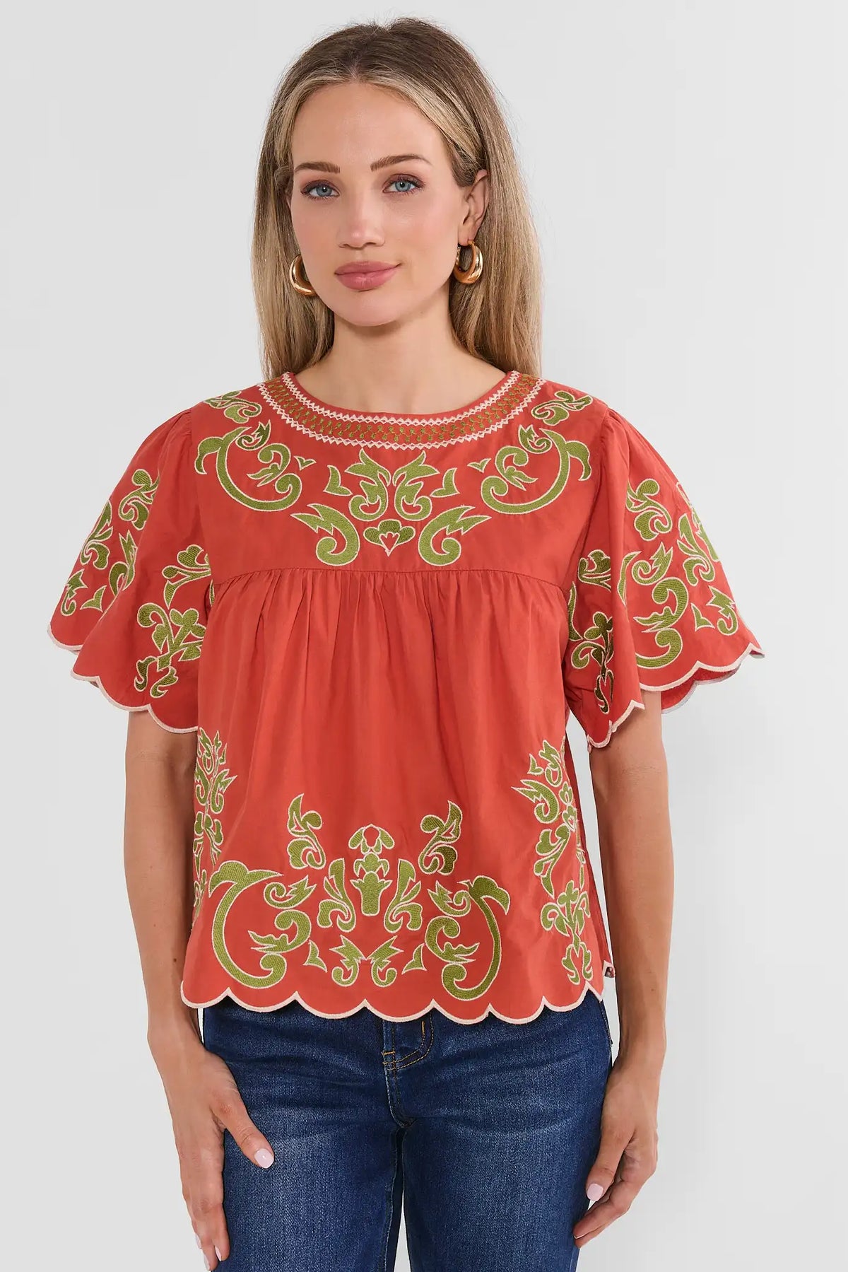 Erin Rust Embroidered Scalloped Top by THML