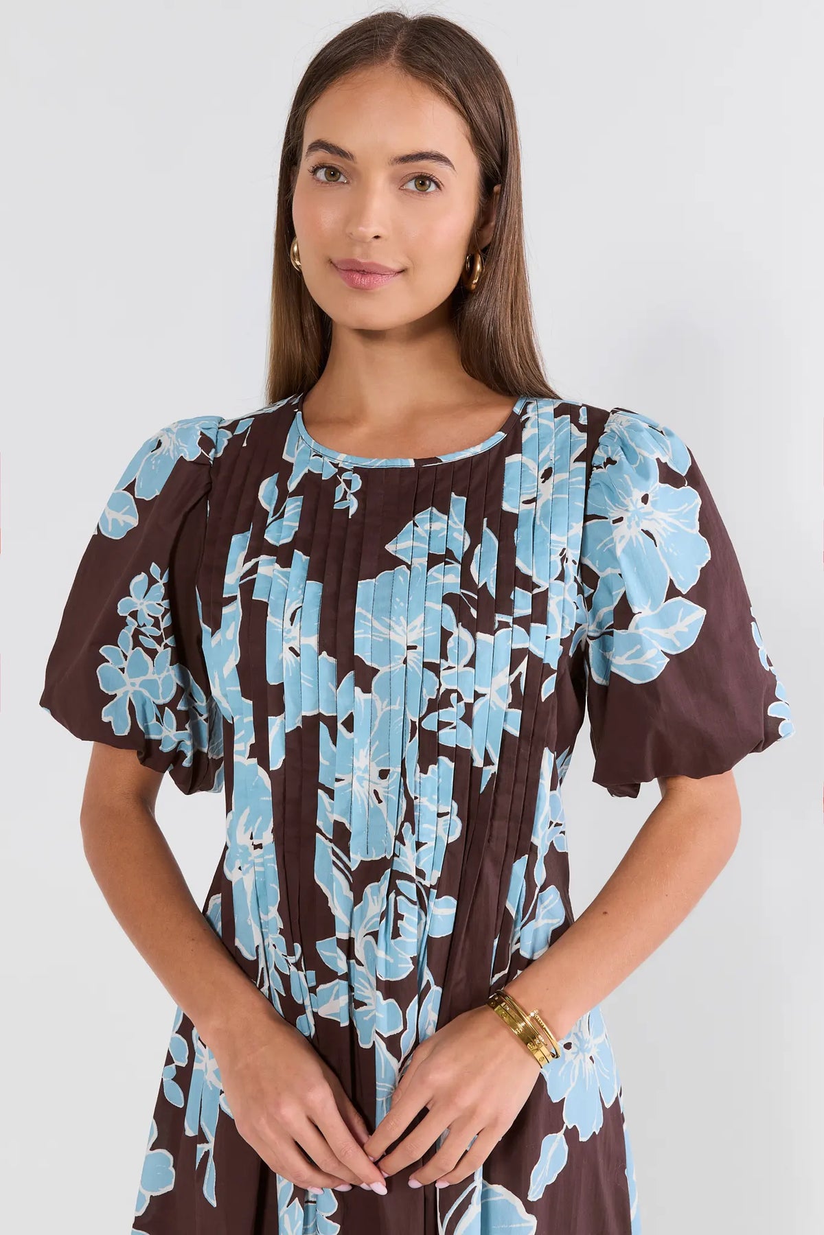 Brown Floral Pleated Detail Midi Dress