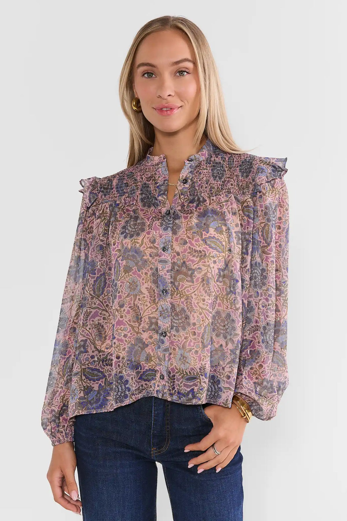 Purple Multi Printed Button Up Top
