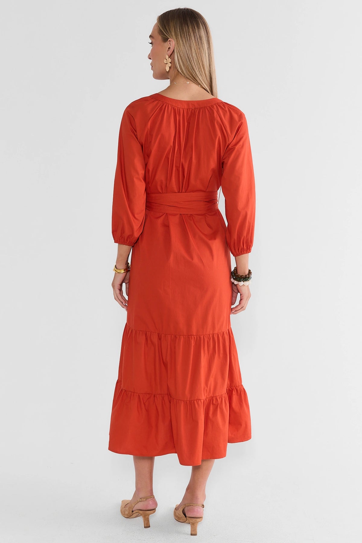 Rust Tiered  Belted Mid Dress