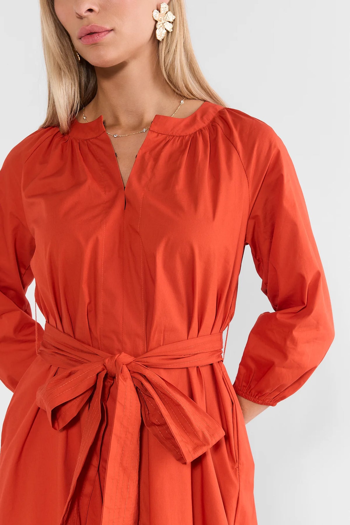 Rust Tiered  Belted Mid Dress