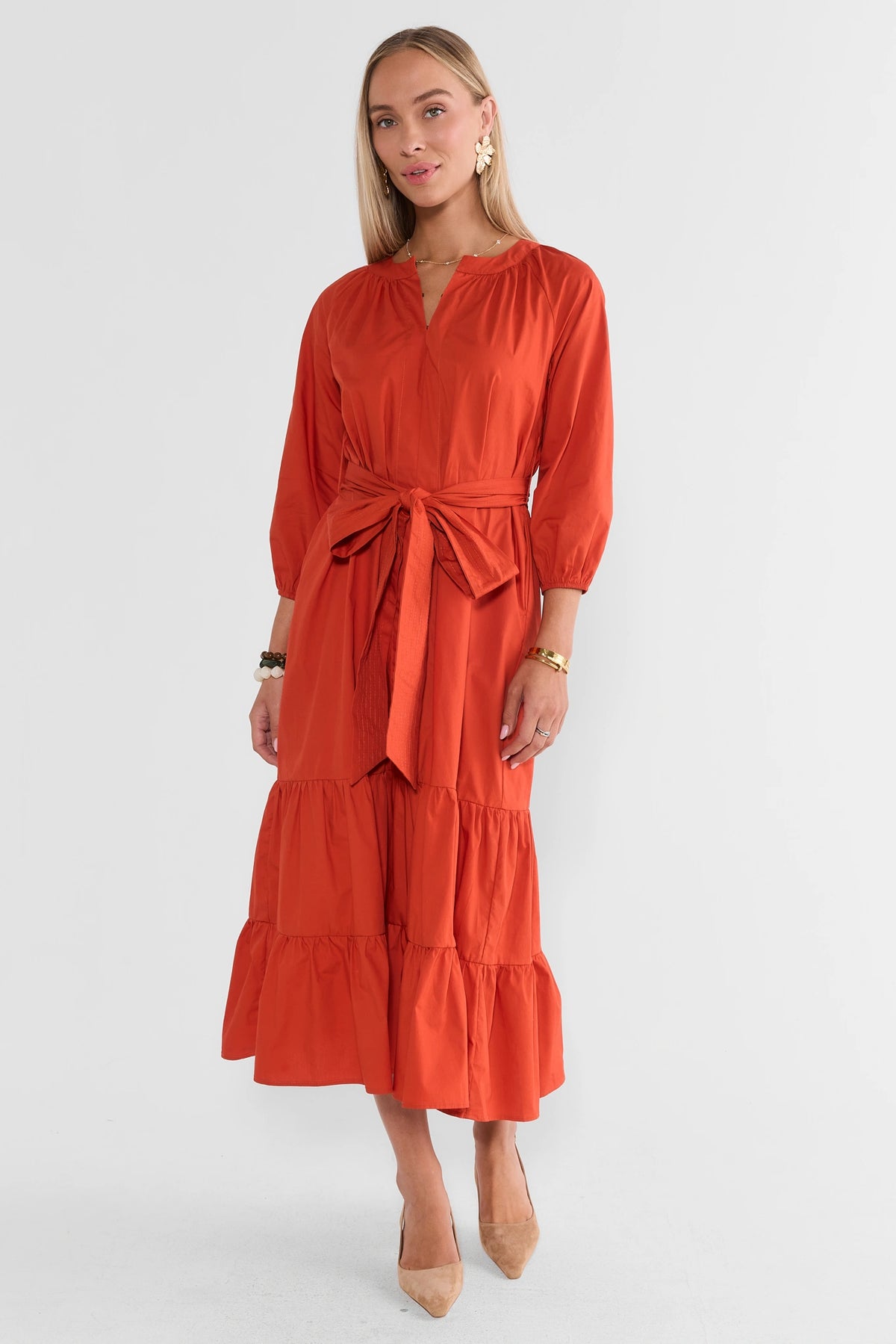 Rust Tiered  Belted Mid Dress