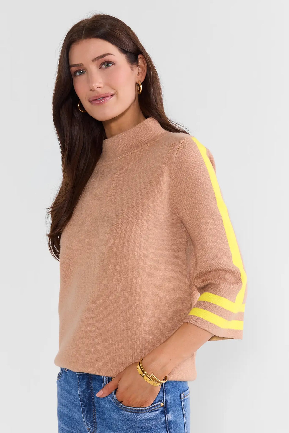 Jackie Camel Stripe Detail Knit Sweater