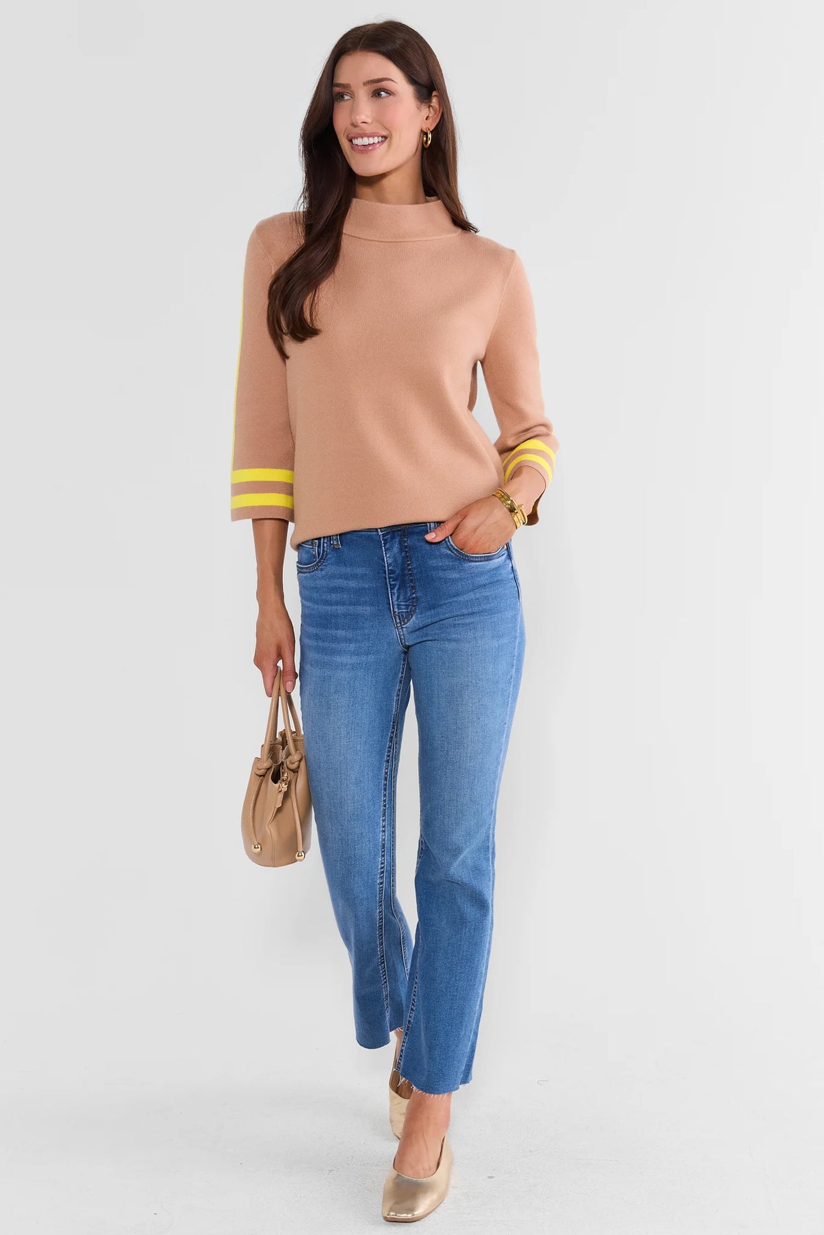 Jackie Camel Stripe Detail Knit Sweater