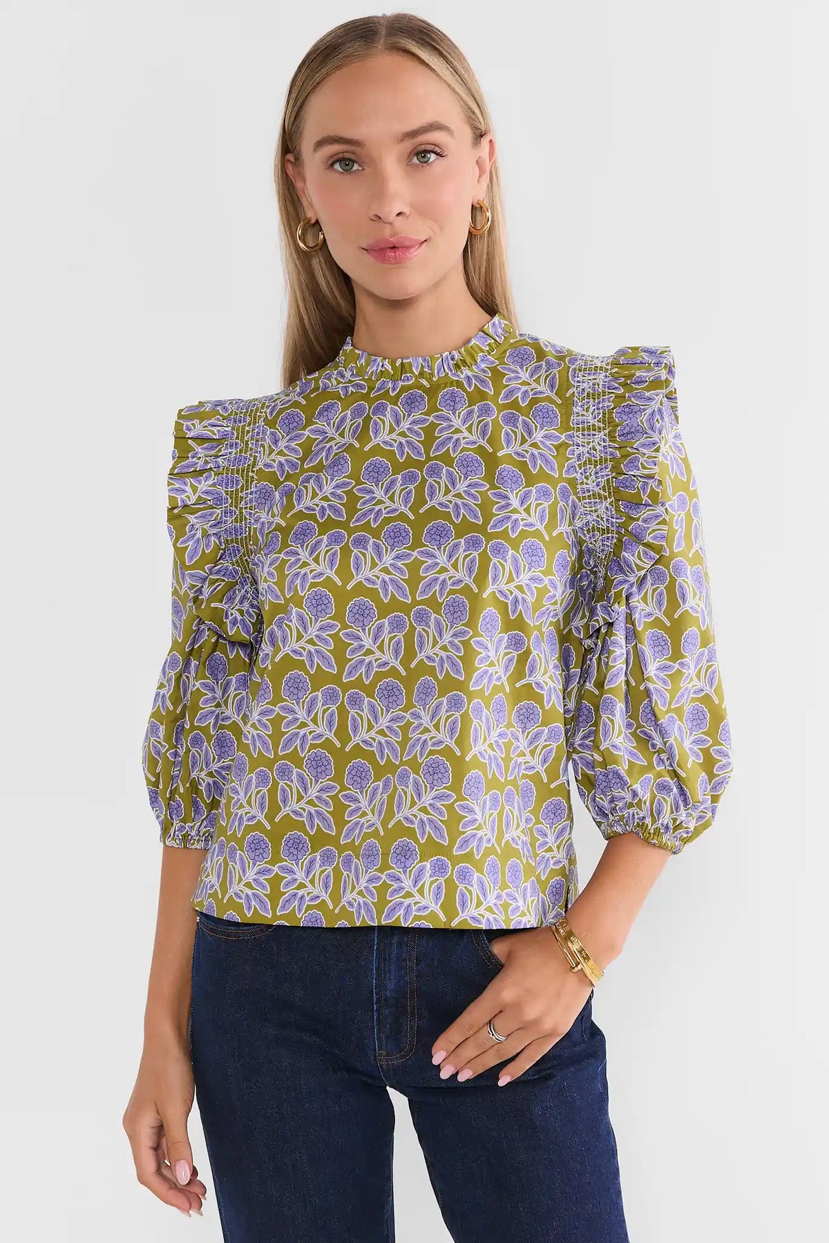Green Block Print Ruffle Top