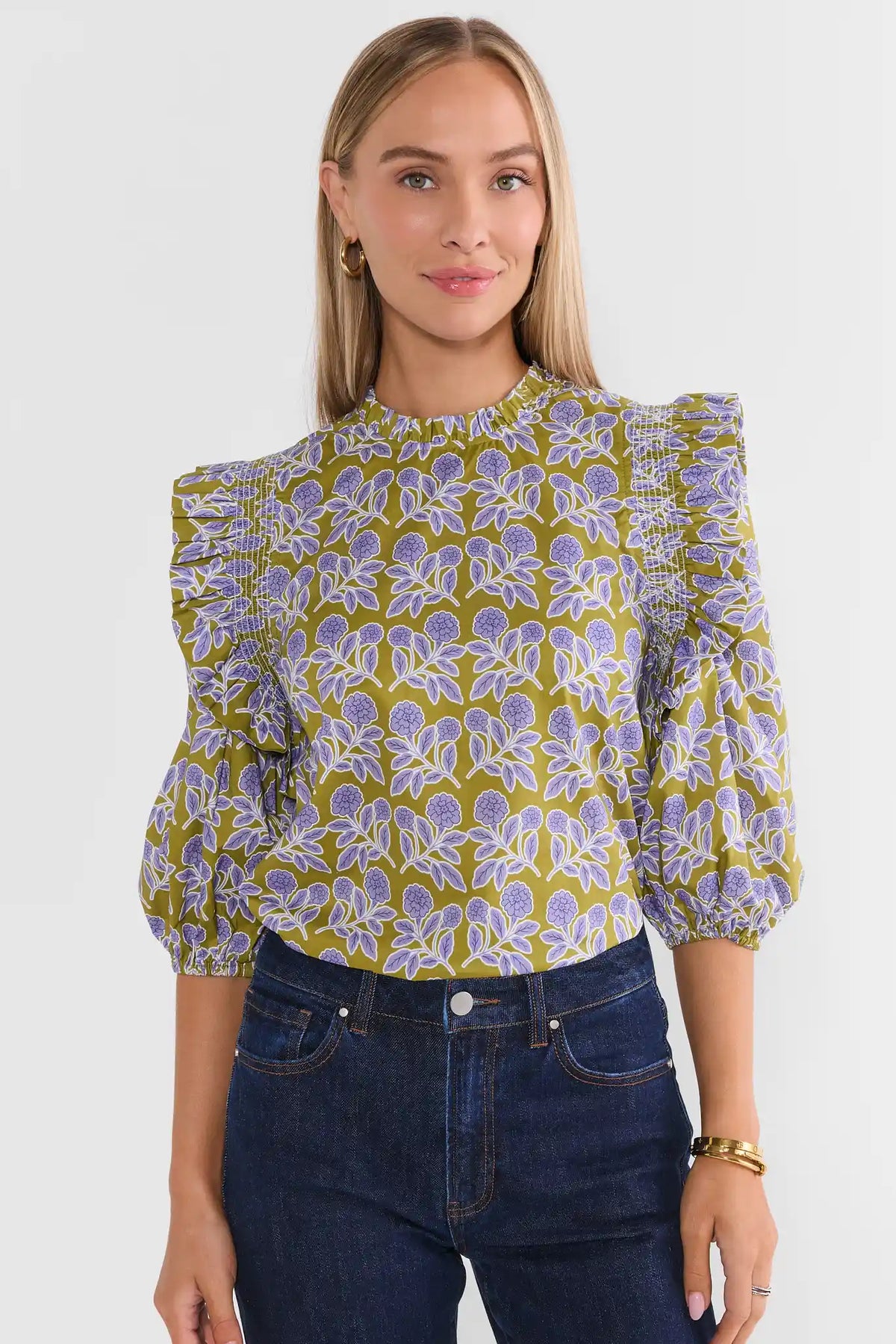 Green Block Print Ruffle Top