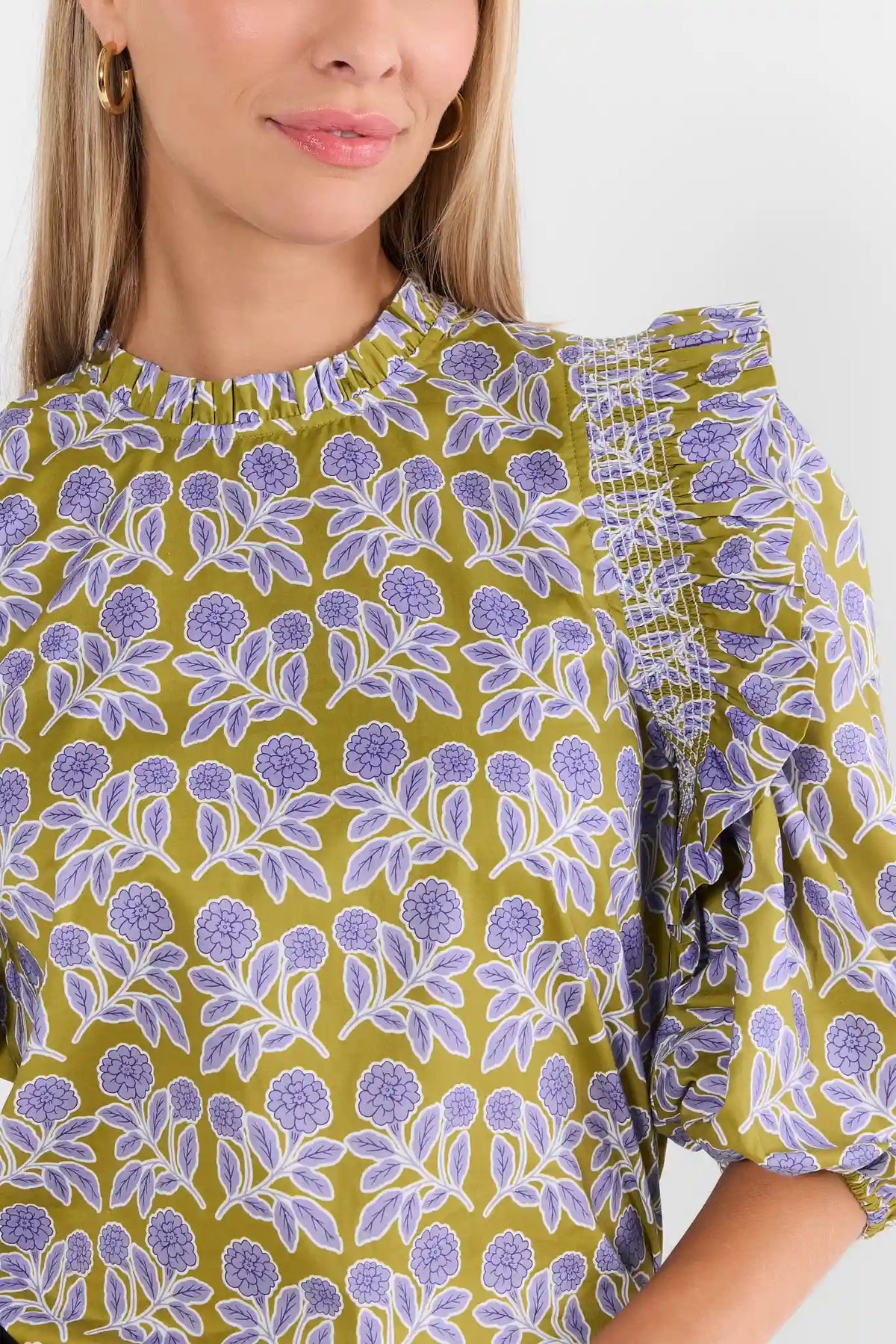 Green Block Print Ruffle Top