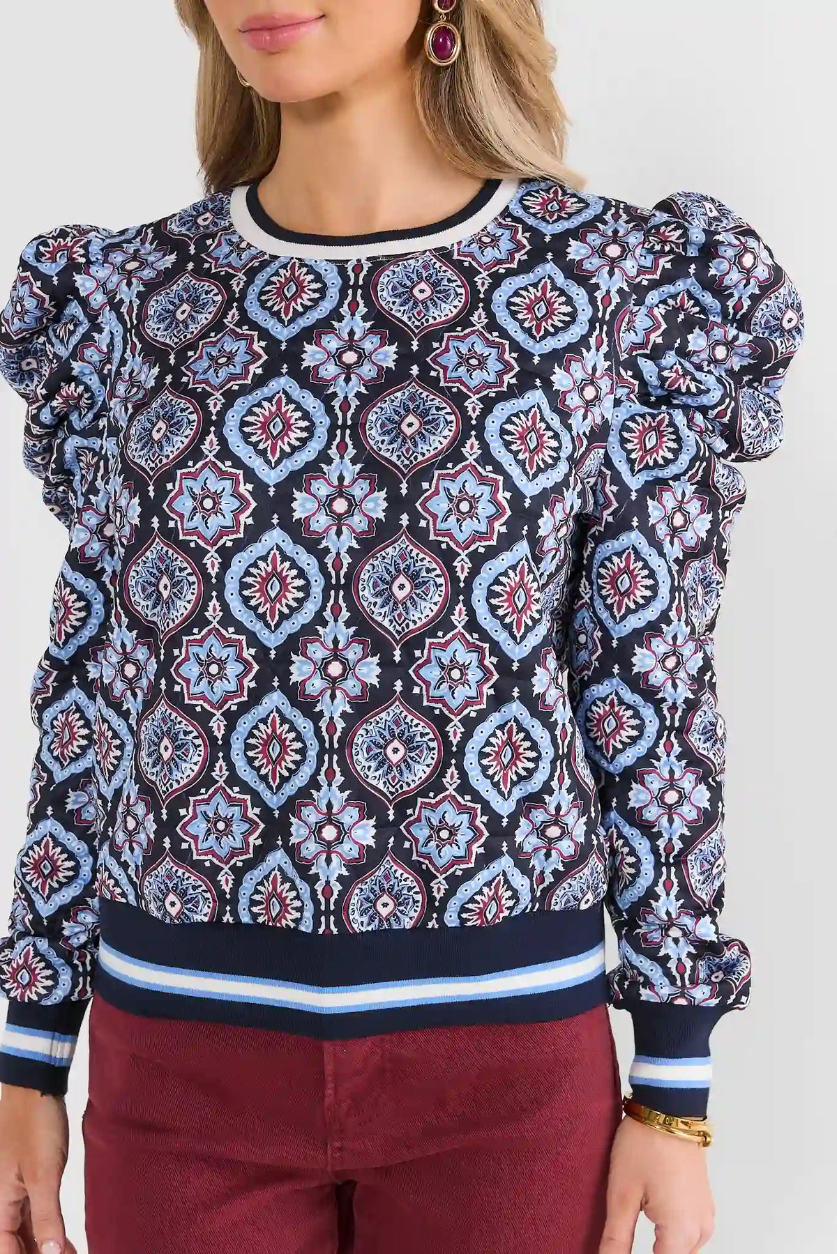 Navy Printed Contrast Trim Top