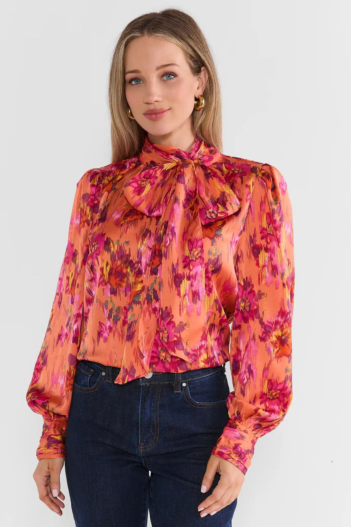 Orange Floral Printed Tie Neck Top