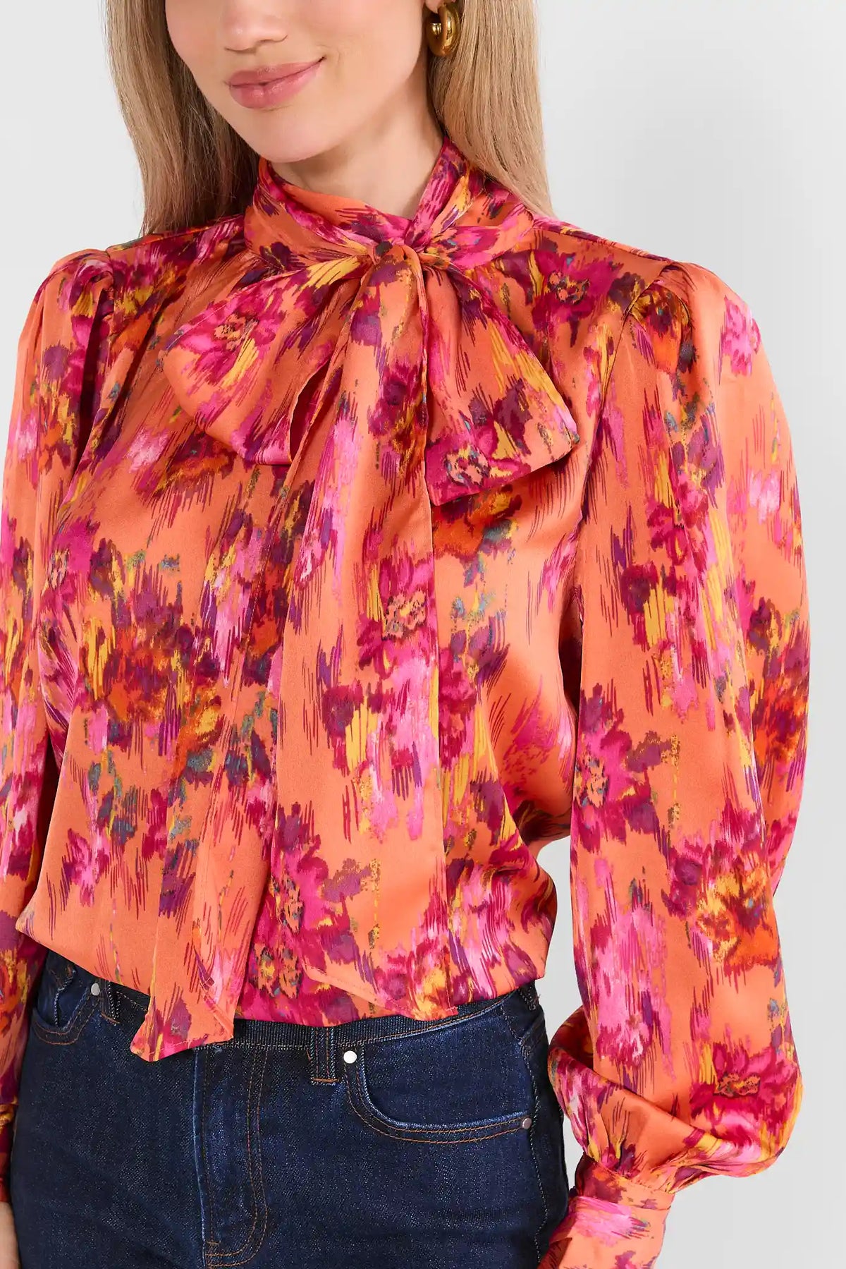 Orange Floral Printed Tie Neck Top