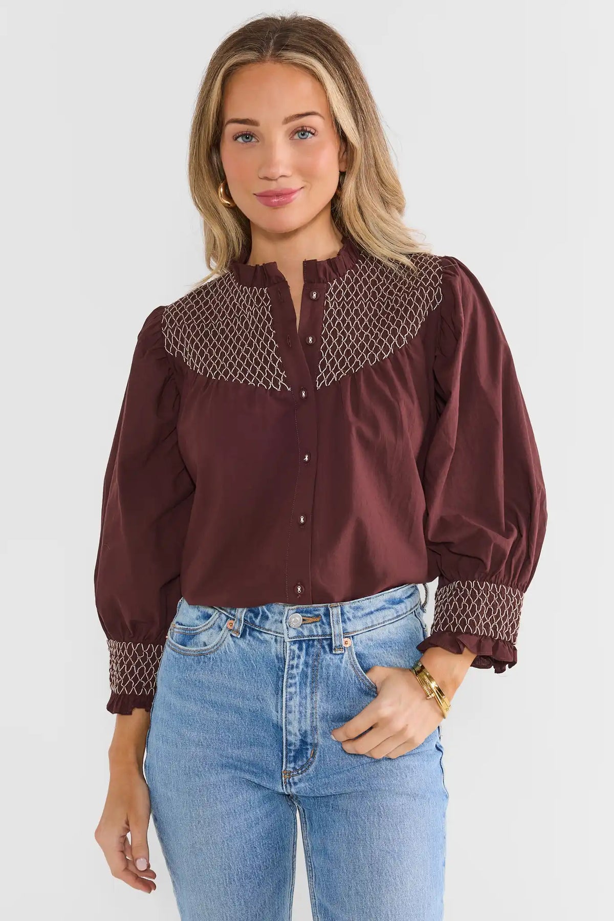Brown Smocked Button Up Top