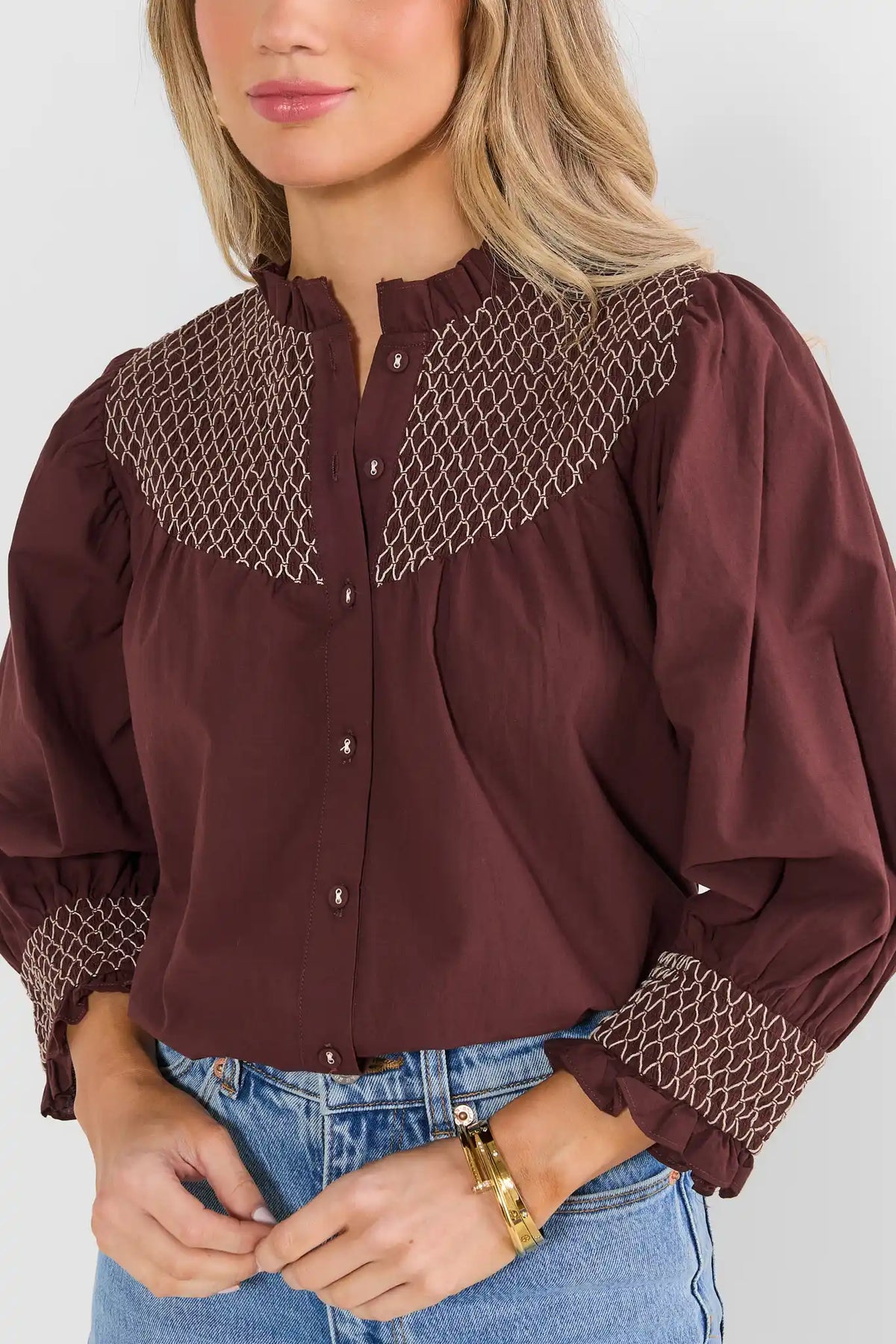 Brown Smocked Button Up Top