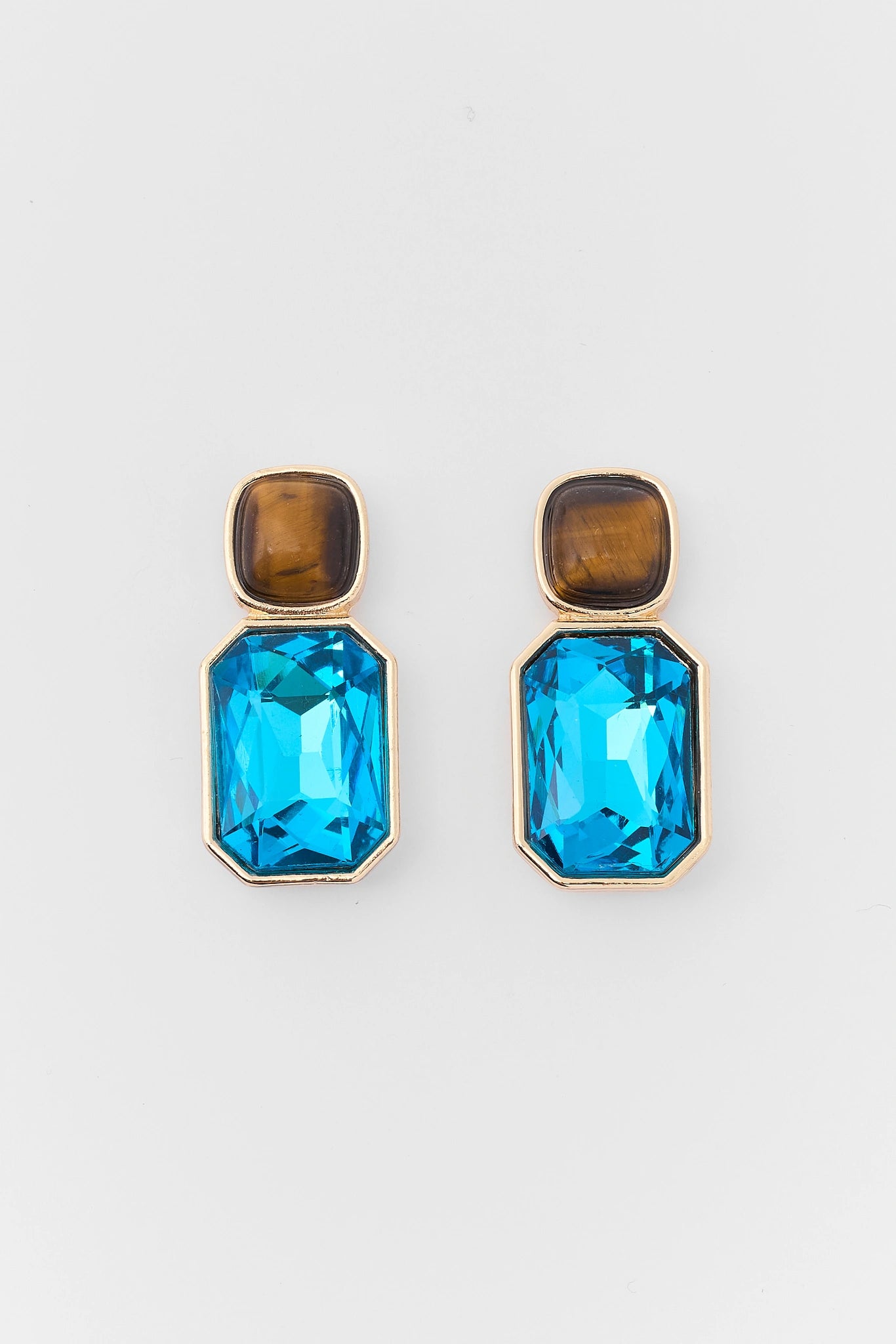 Blue Crystal and Tiger Eye Stone Drop Earrings - Flat Lay | Avara