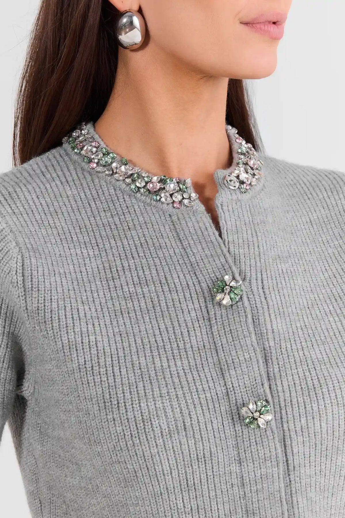 Grey Embellished Collar Cardigan Top