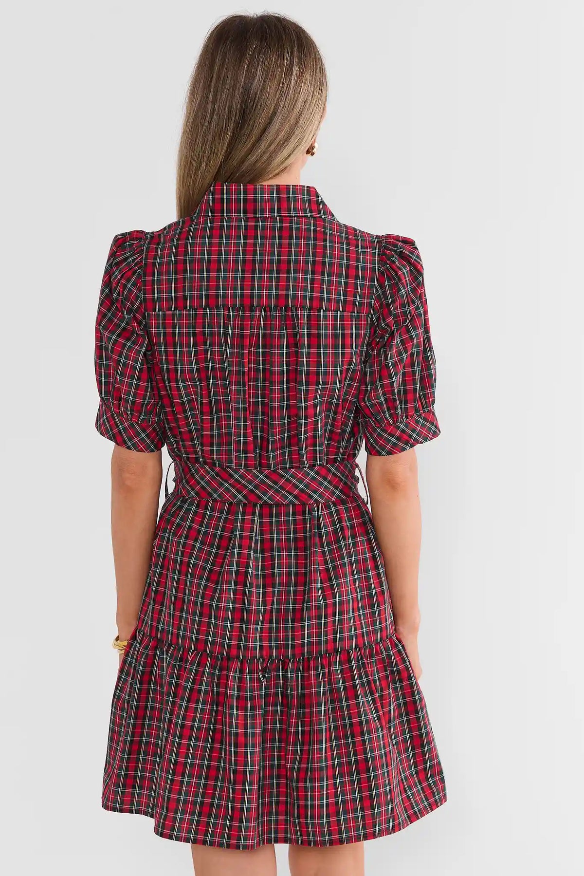 Red Plaid Button-Up Short Dress - Back View, Tiered Skirt Detail | Avara