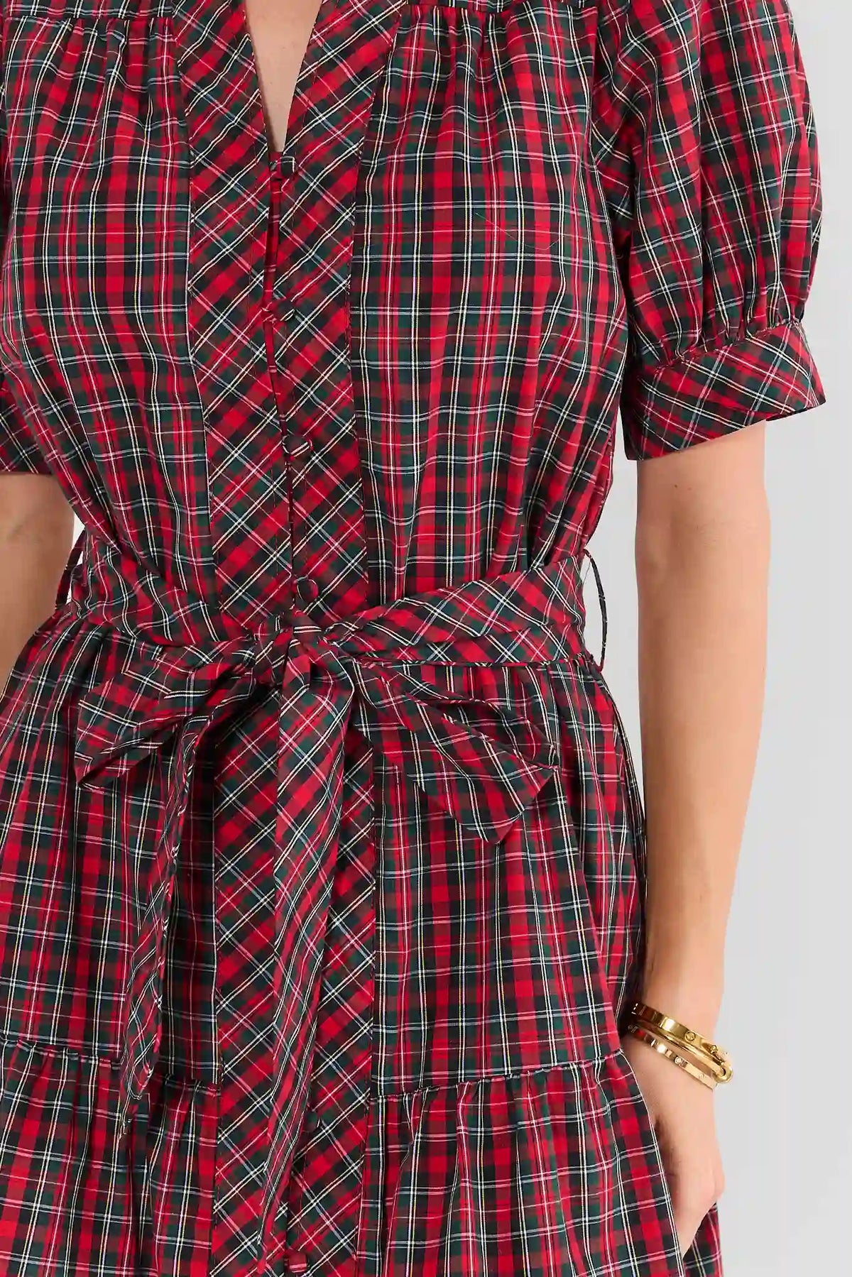 Red Plaid Short Dress - Tie Waist & Button Front Close-Up Detail | Avara
