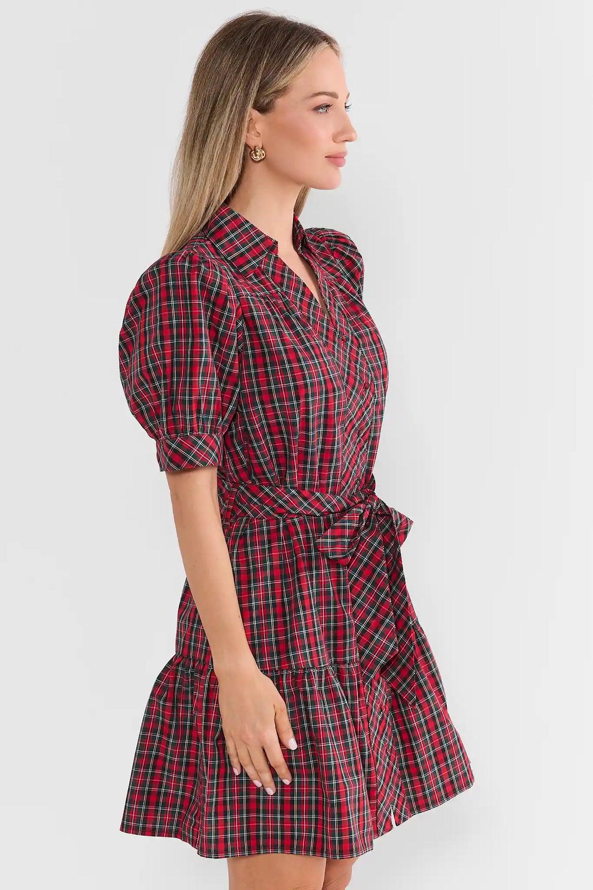 Red Plaid Short Dress - Side Profile, Tiered Hem & Puff Sleeve | Avara