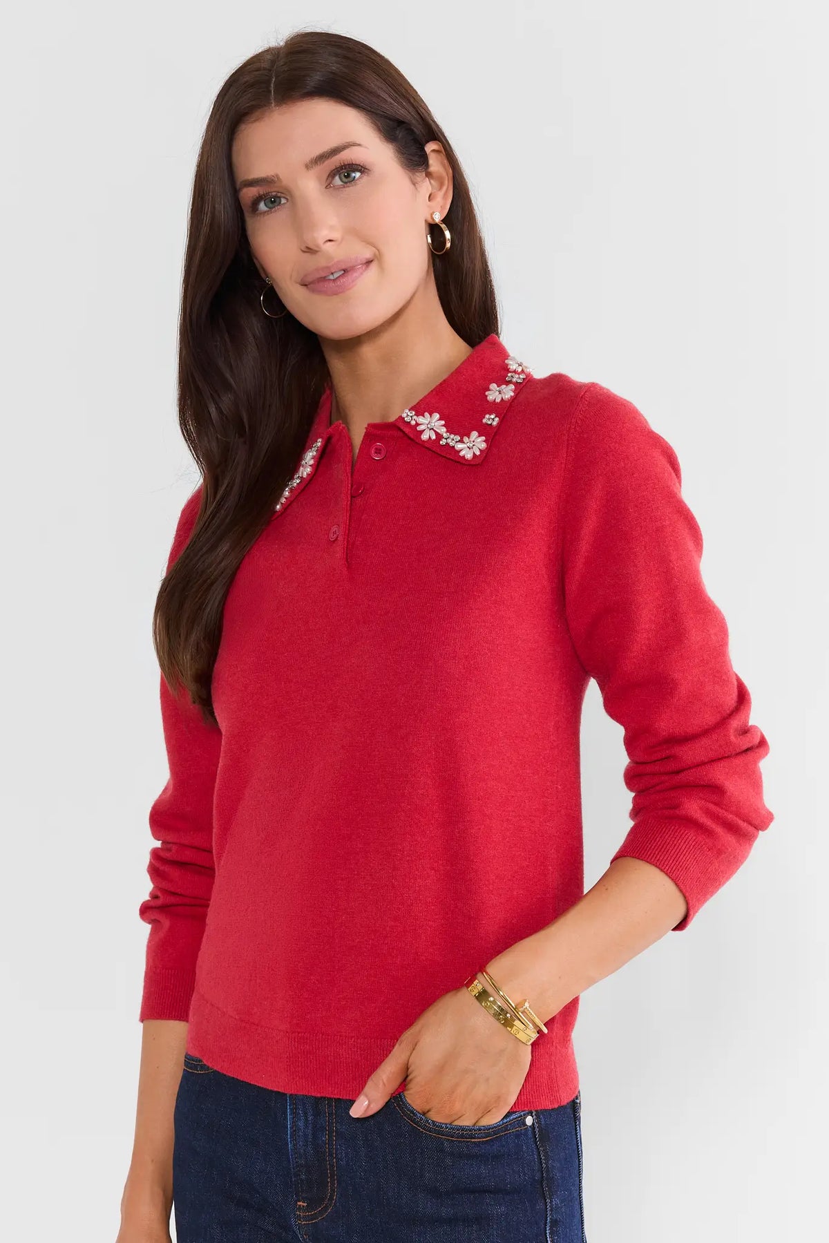 Red Embellished Collar Sweater