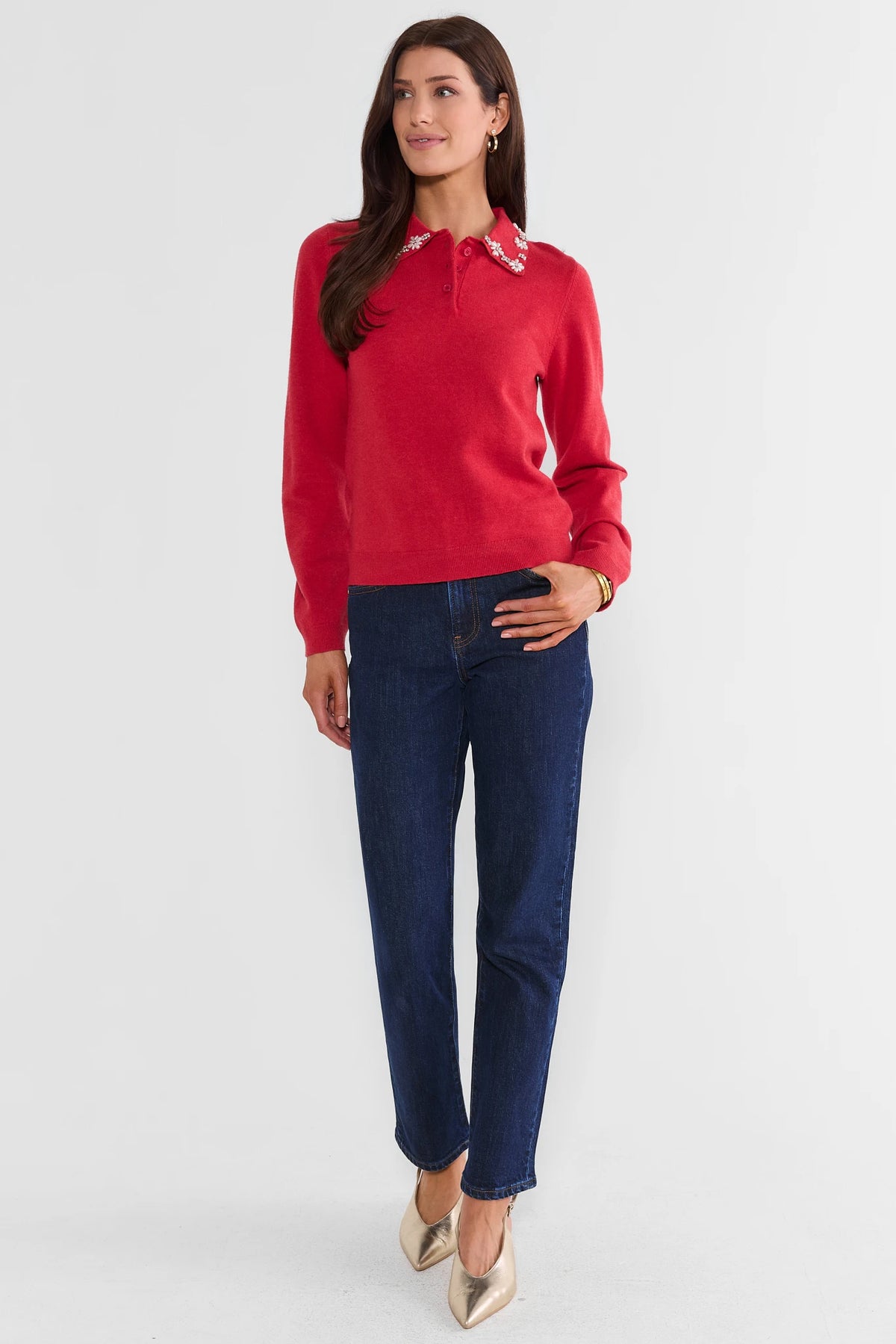 Red Embellished Collar Sweater