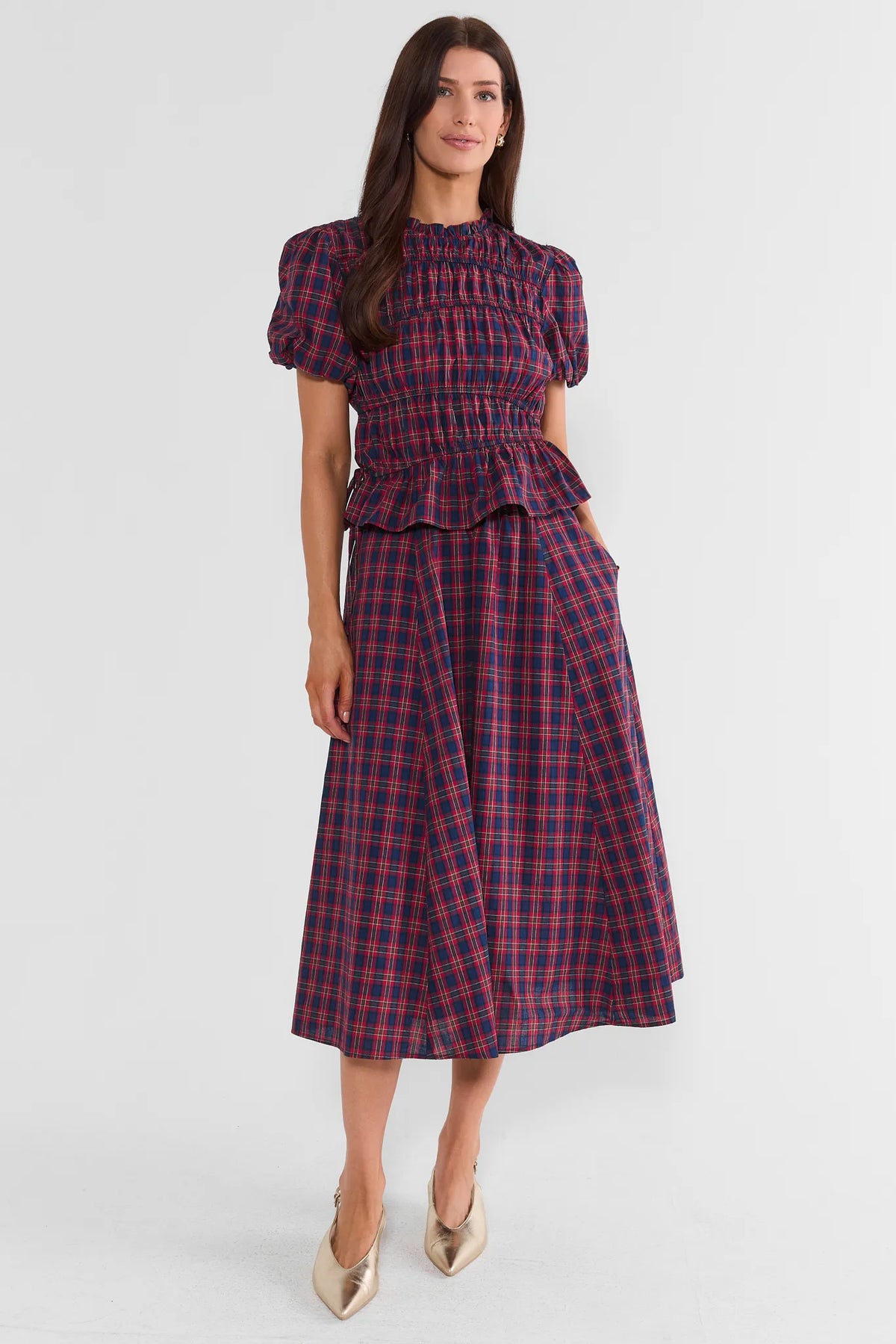 Red Plaid Pleated Midi Skirt