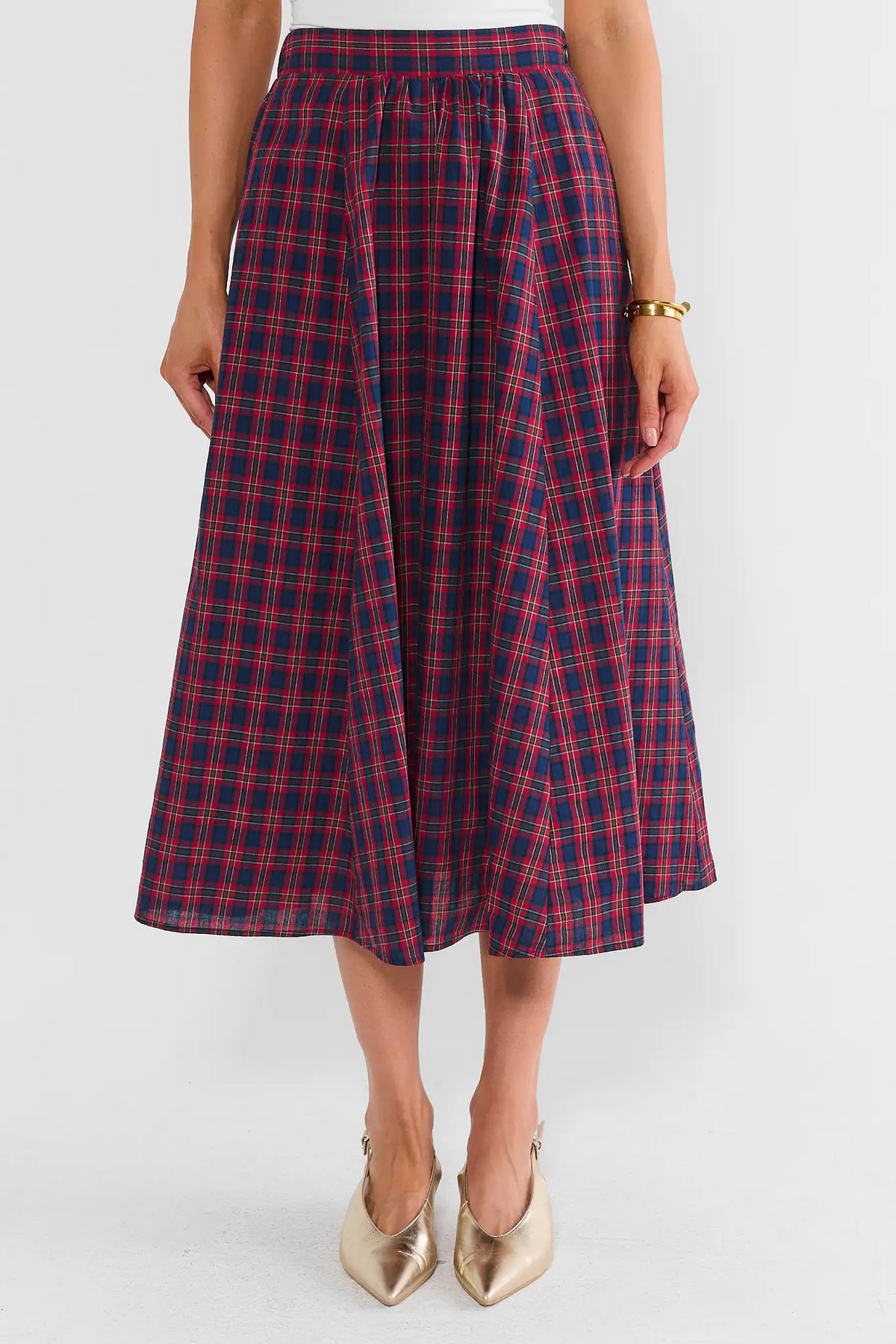 Red Plaid Pleated Midi Skirt