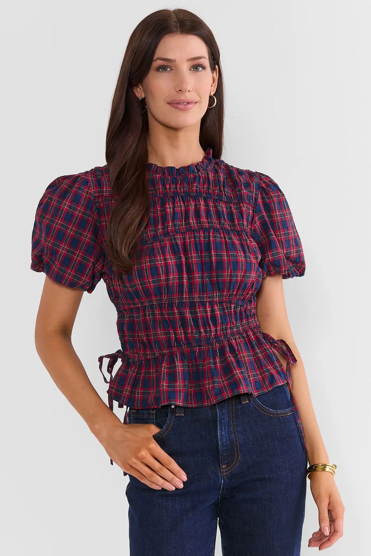 Red Plaid Smocked Peplum Top