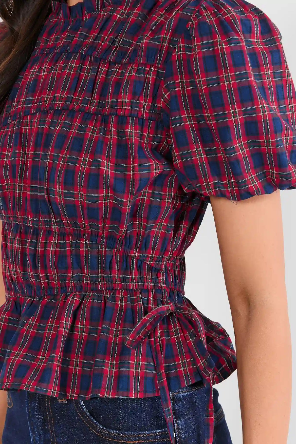Red Plaid Smocked Peplum Top | Avara
