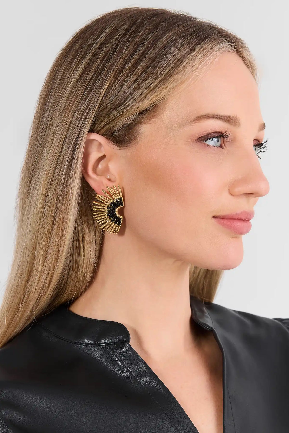 Gold Beaded Fan Stud Earrings