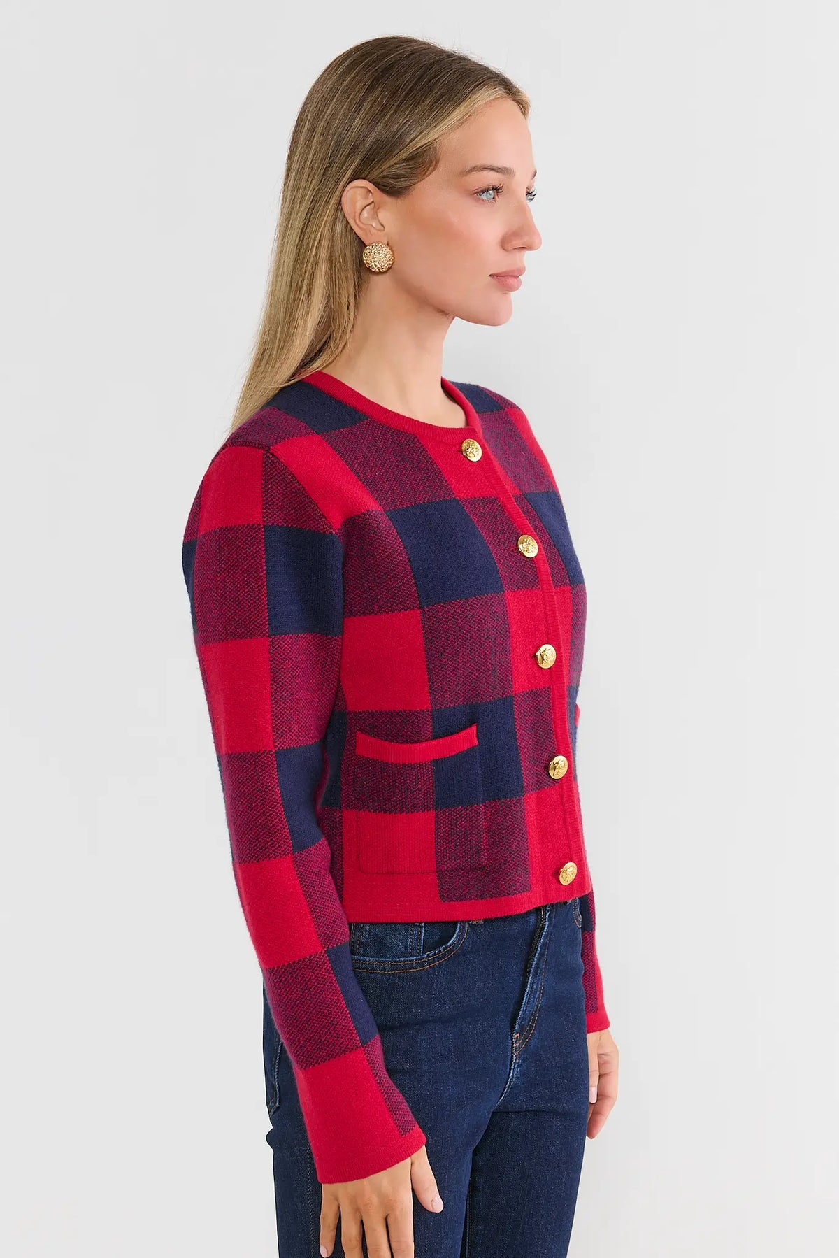 Red Plaid Button Front Cardigan