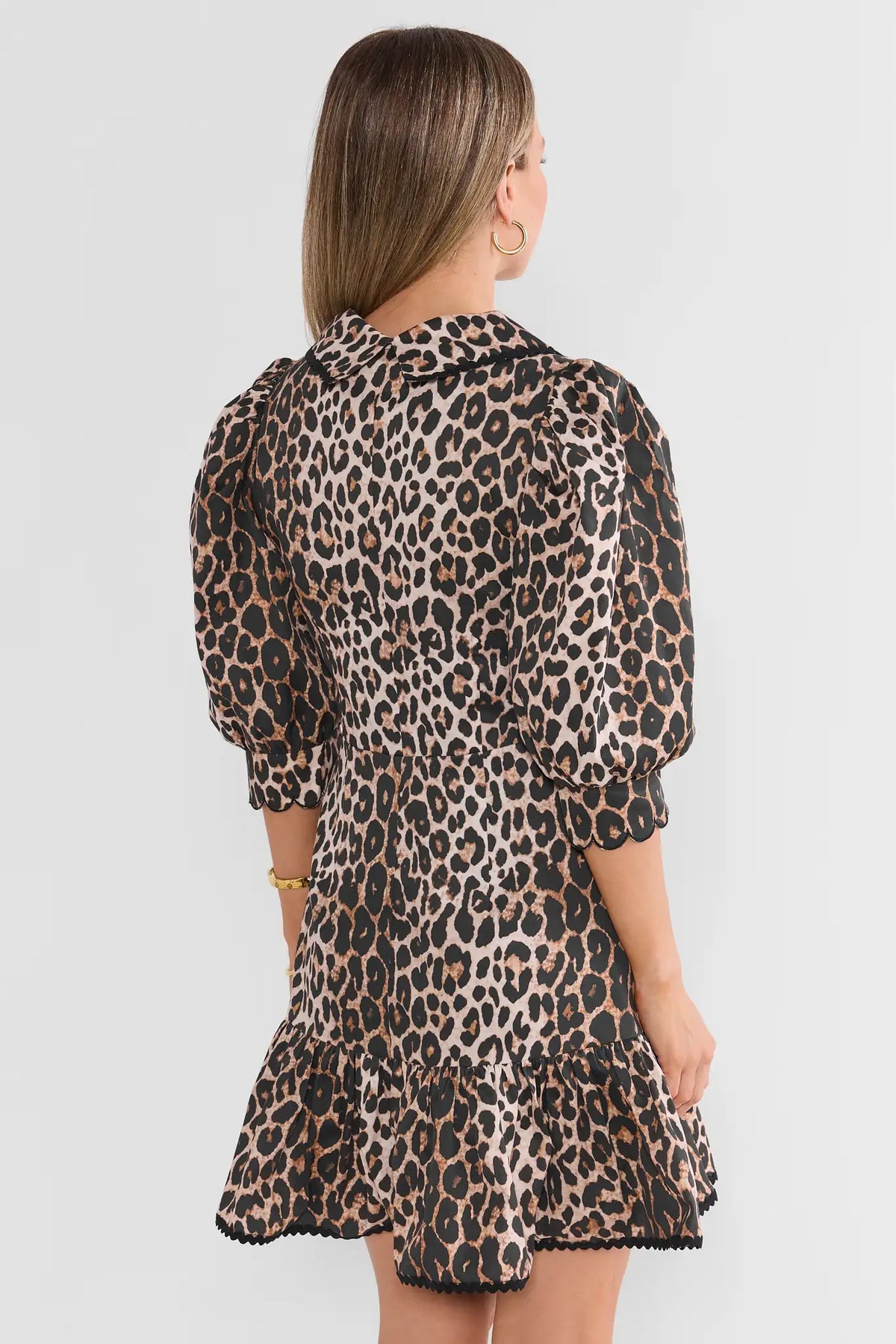 Tan & Black Leopard Print Short Dress - Back View, Puff Sleeves & Tiered Hem | Avara