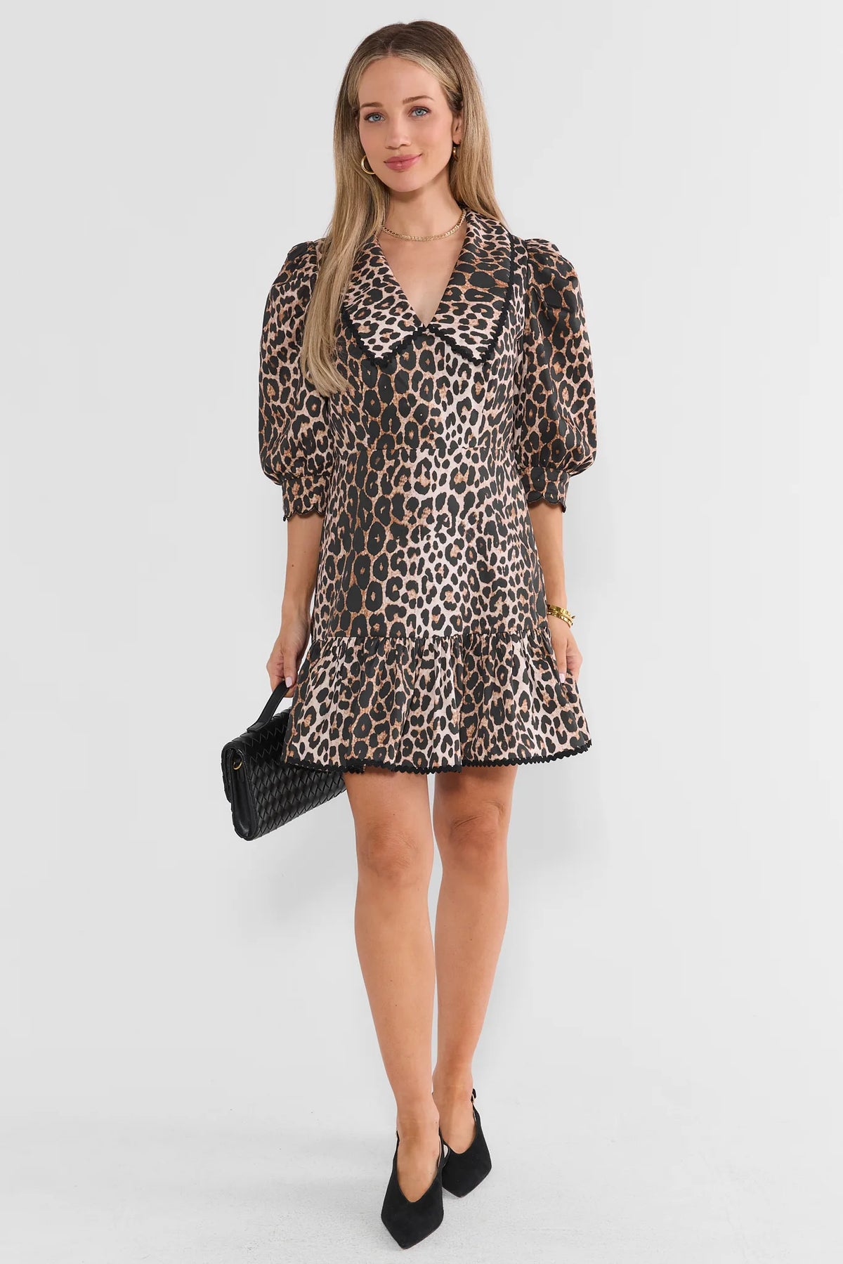 Tan & Black Leopard Print Short Dress - Full Length Styled Look with Black Heels | Avara